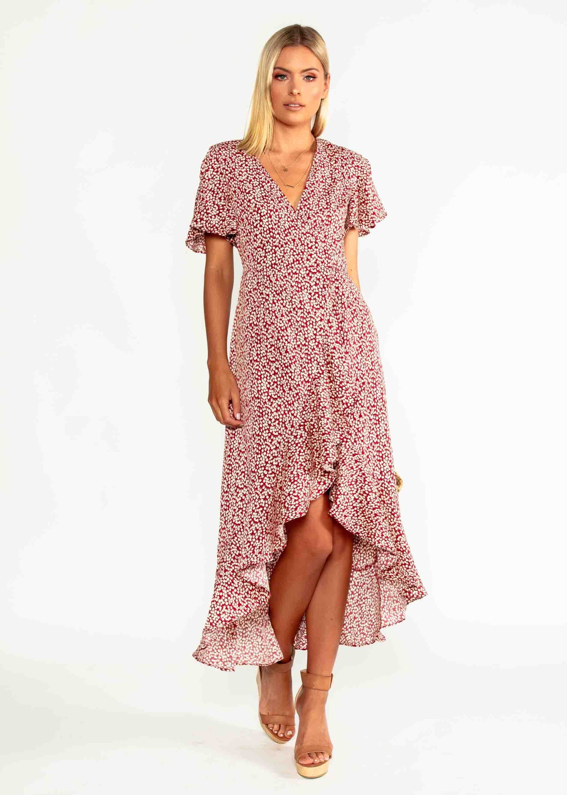 First Look Wrap Midi Dress - Red Floral