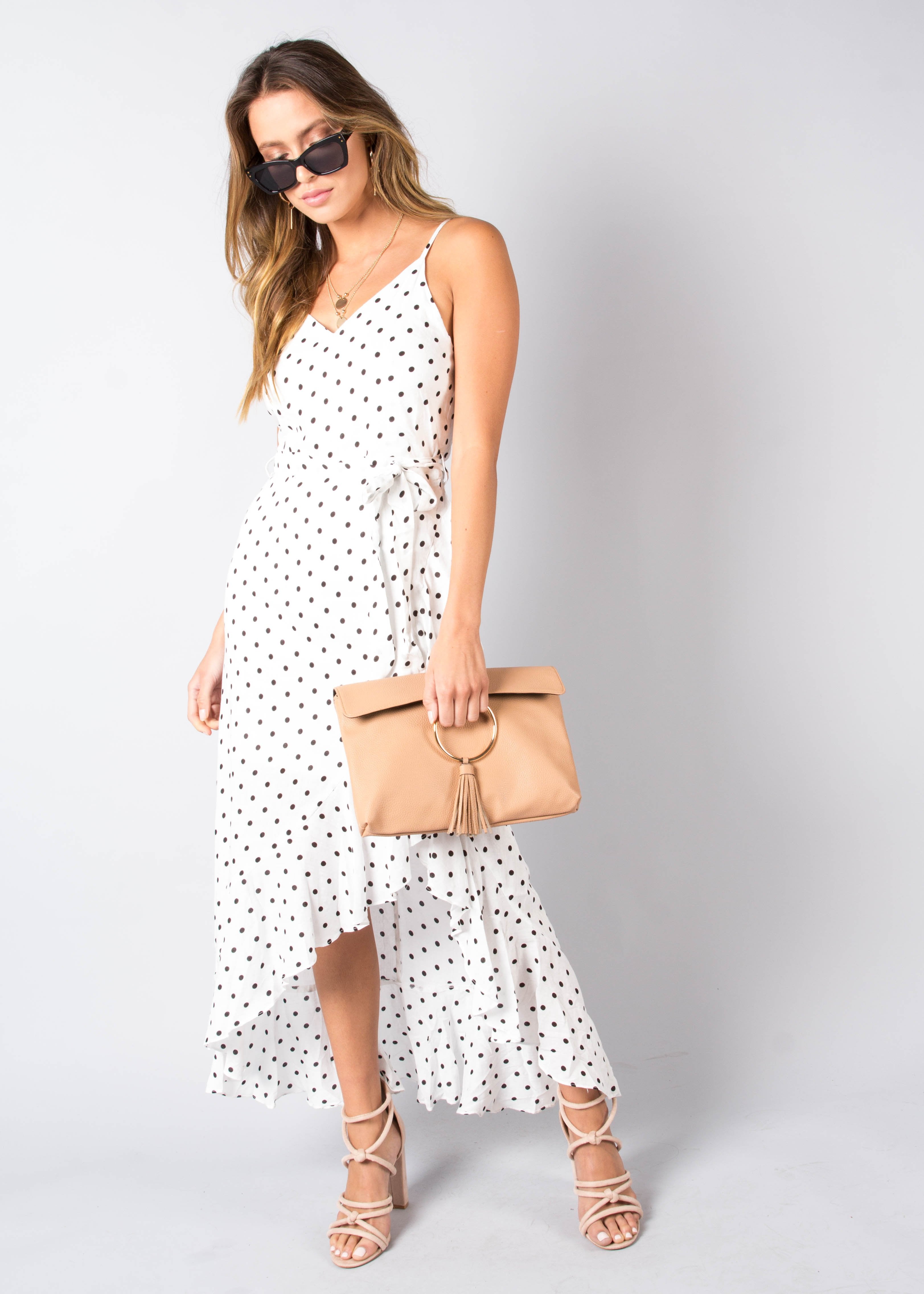 Sweet Fling Midi Dress - White Polka