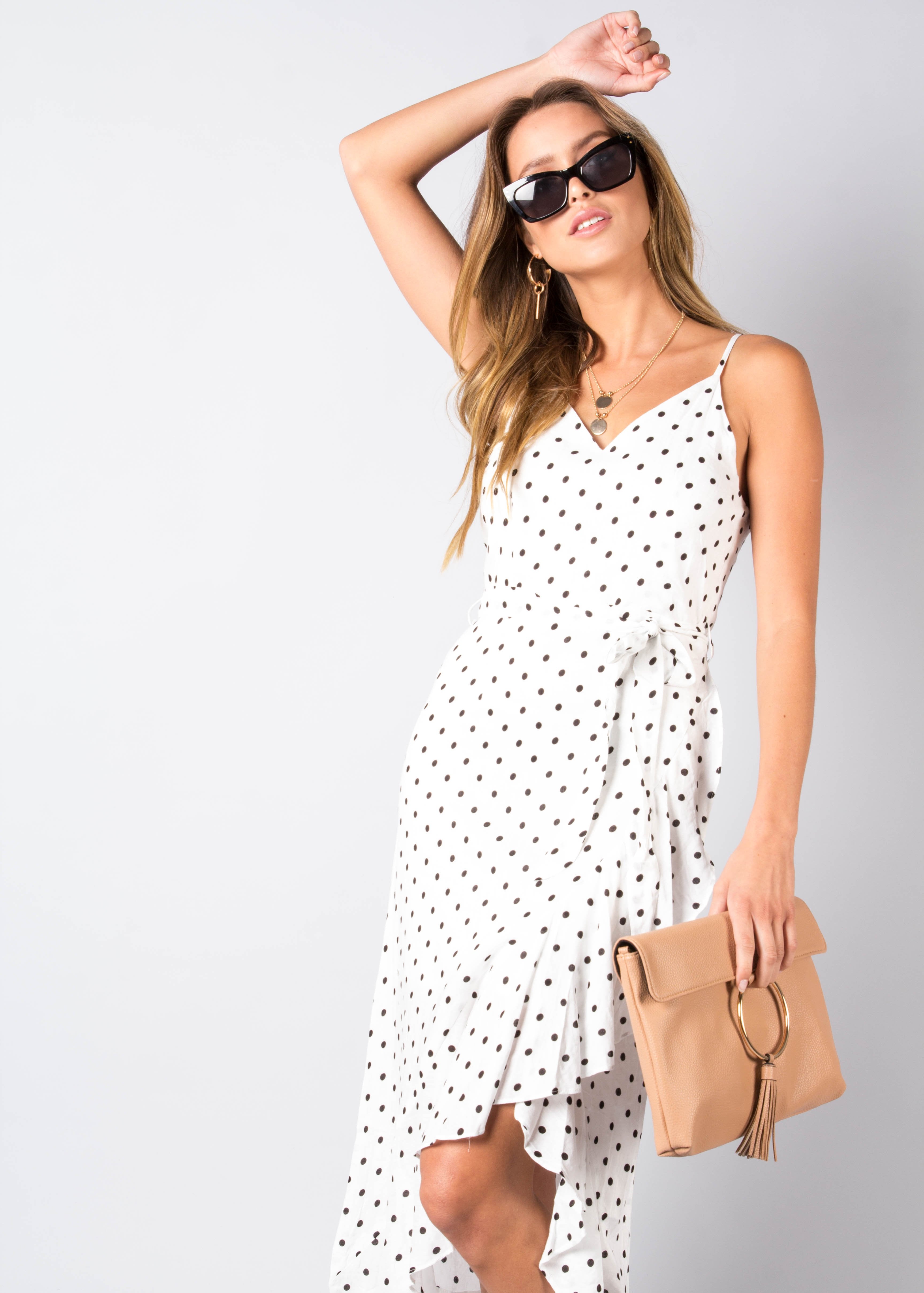 Sweet Fling Midi Dress - White Polka