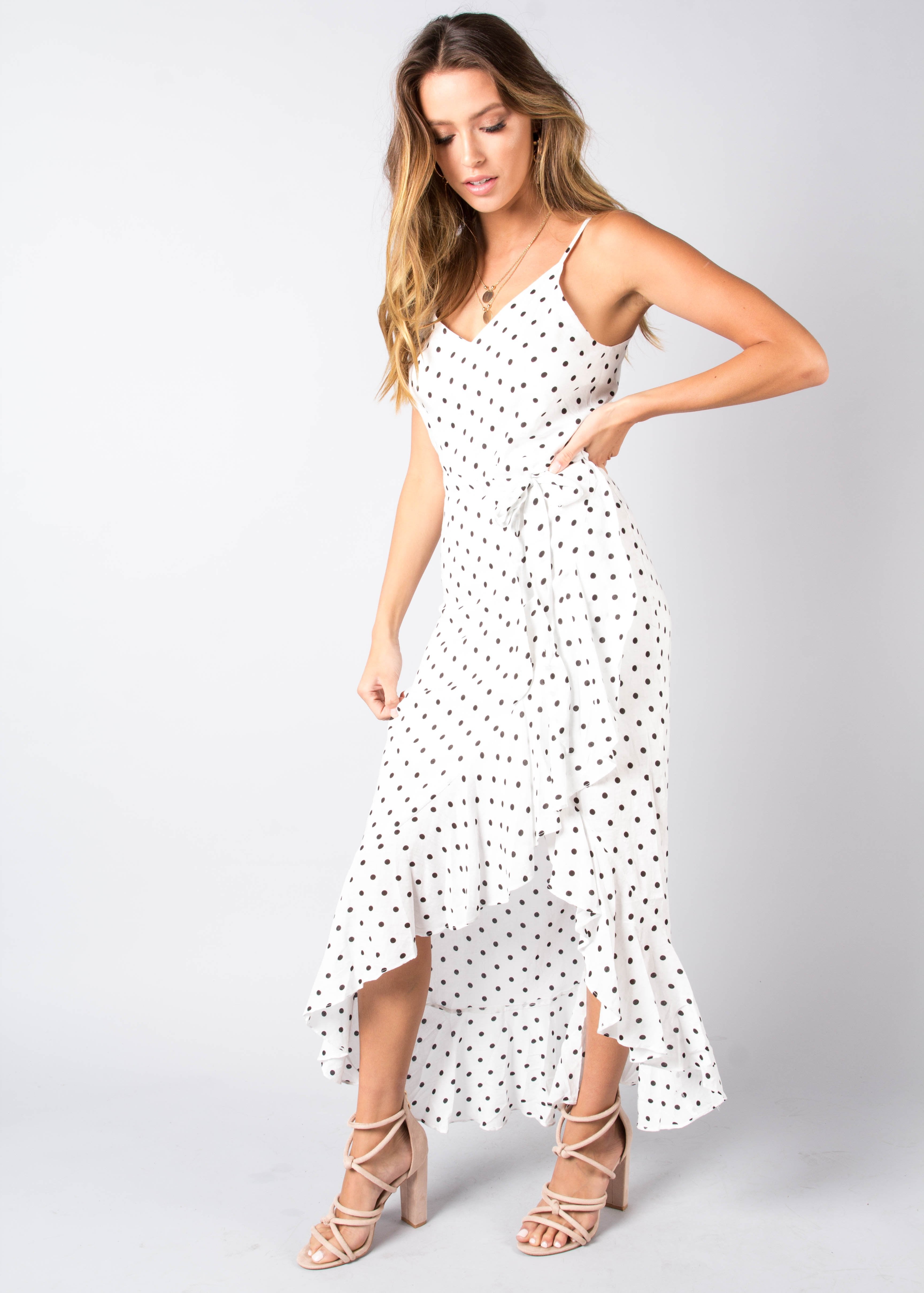 Sweet Fling Midi Dress - White Polka