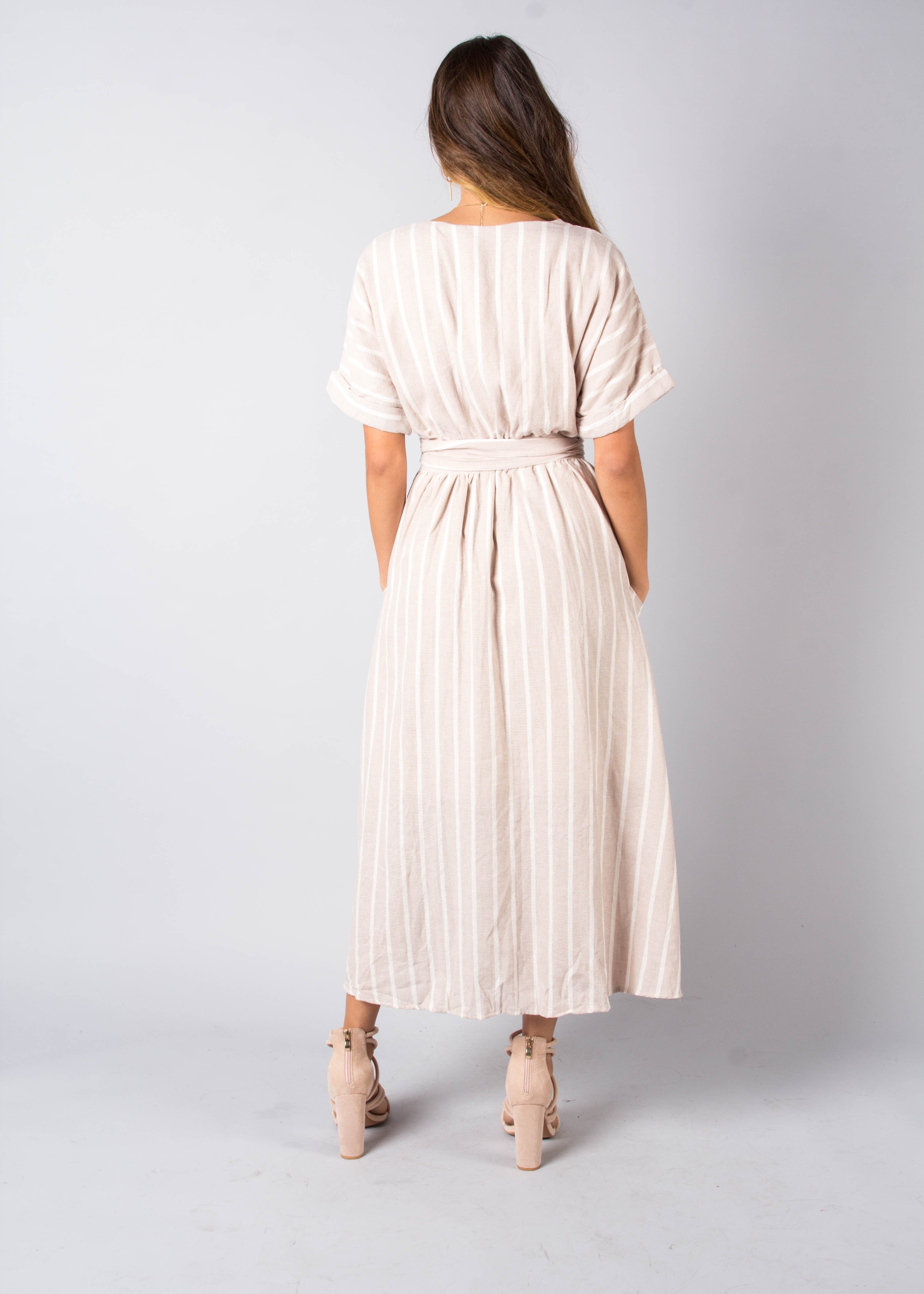 San Luca Linen Wrap Midi Dress - Beige Stripe