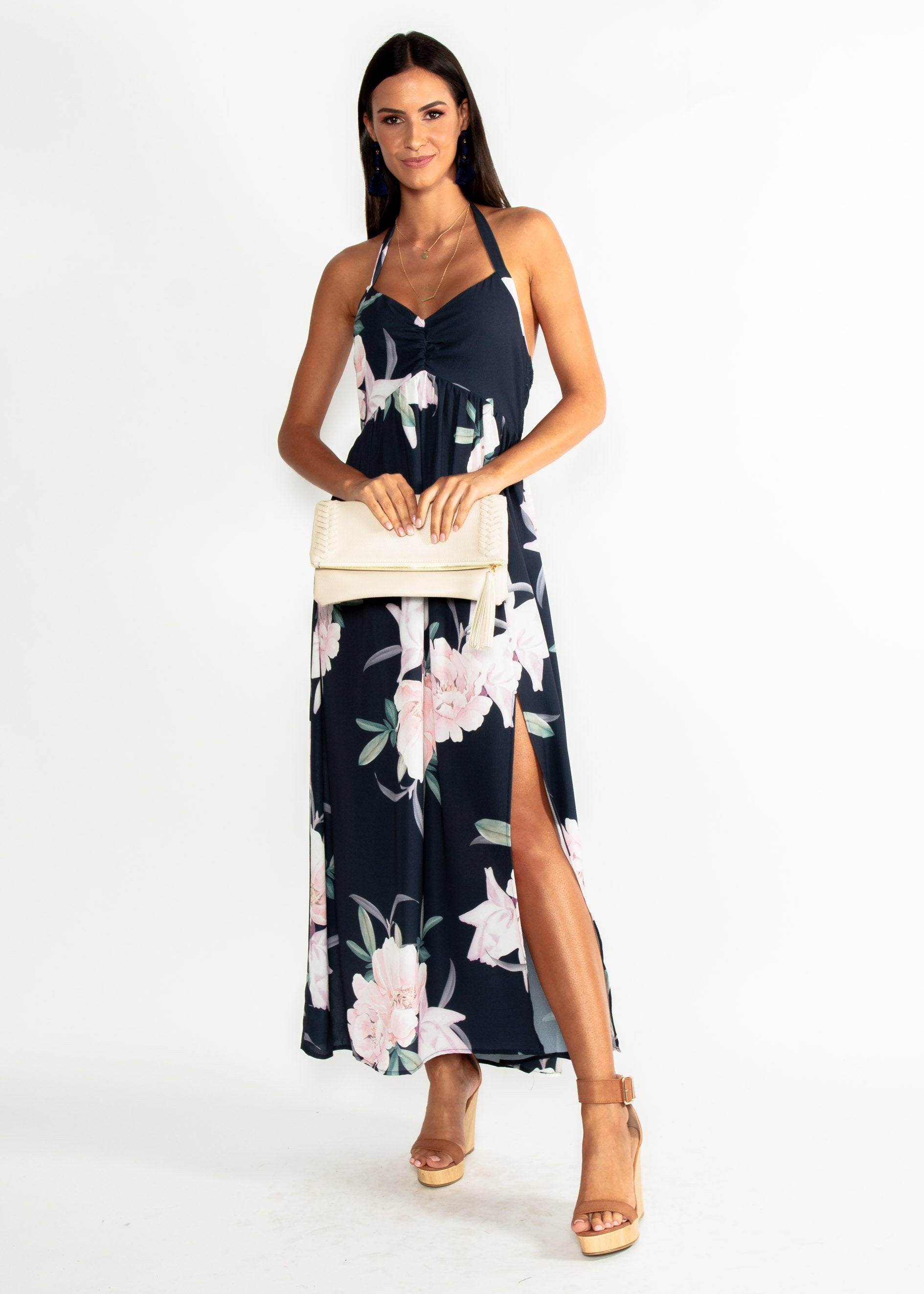 Sweet Serenade Halter Maxi Dress - Navy Floral