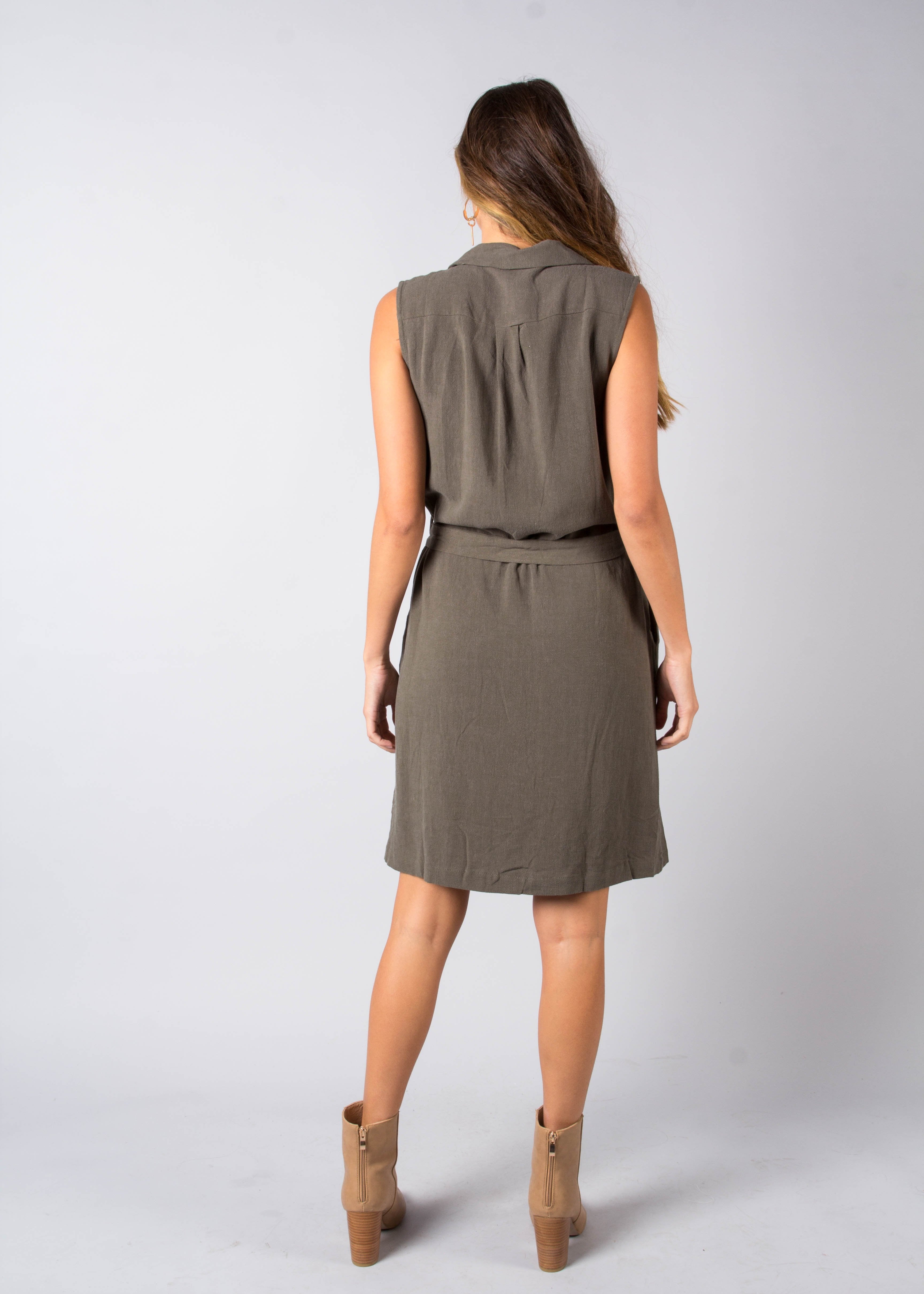 Kaycie Linen Dress w/ Tie - Khaki