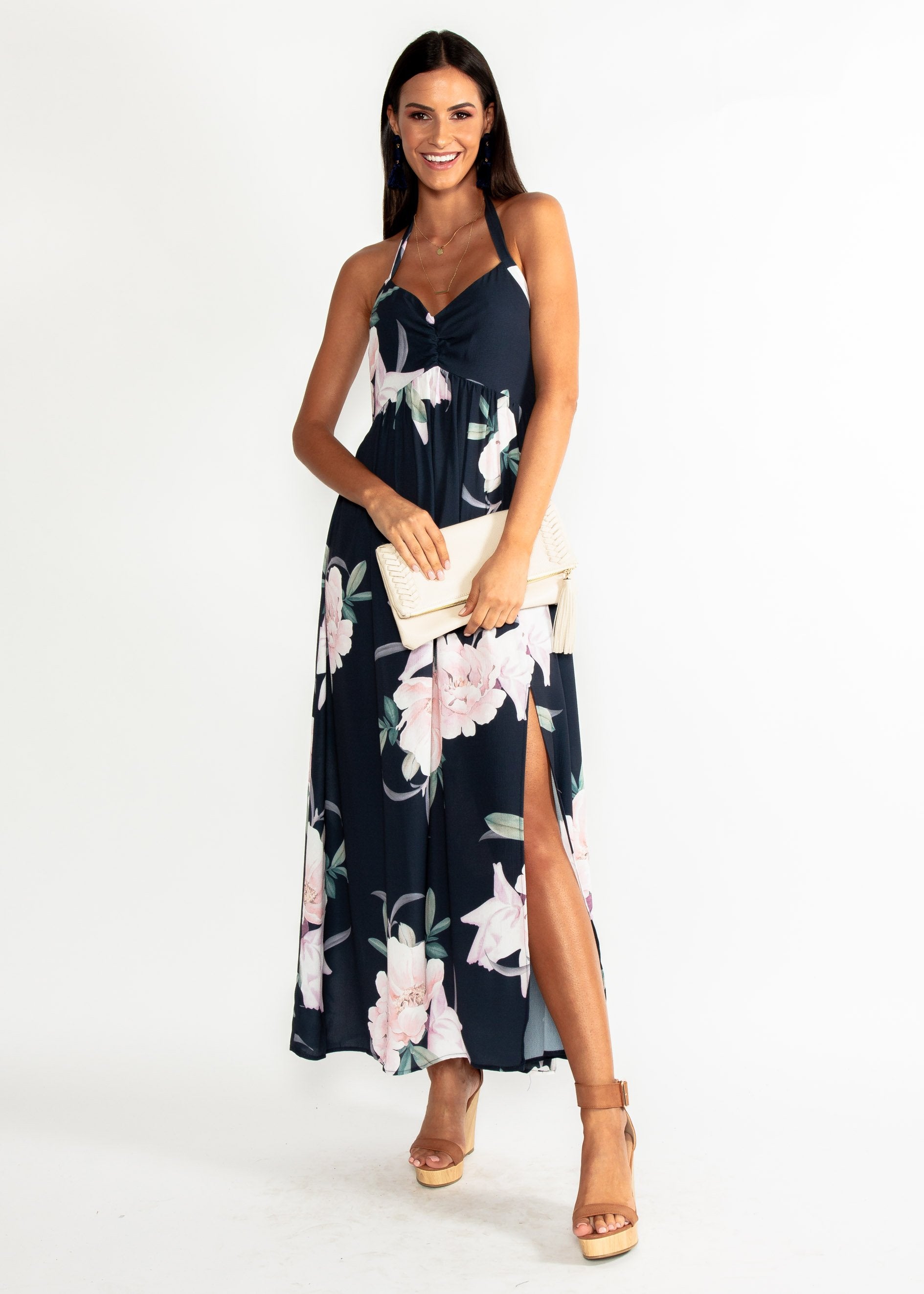 Sweet Serenade Halter Maxi Dress - Navy Floral