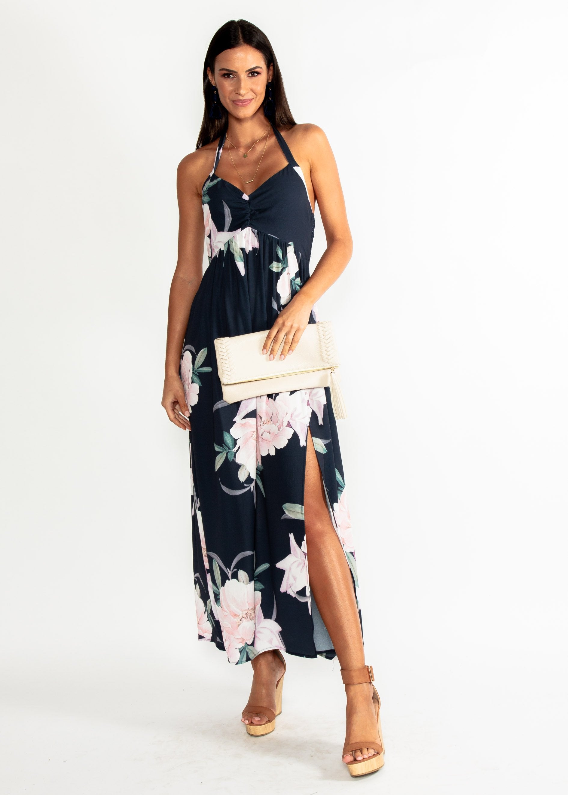 Sweet Serenade Halter Maxi Dress - Navy Floral