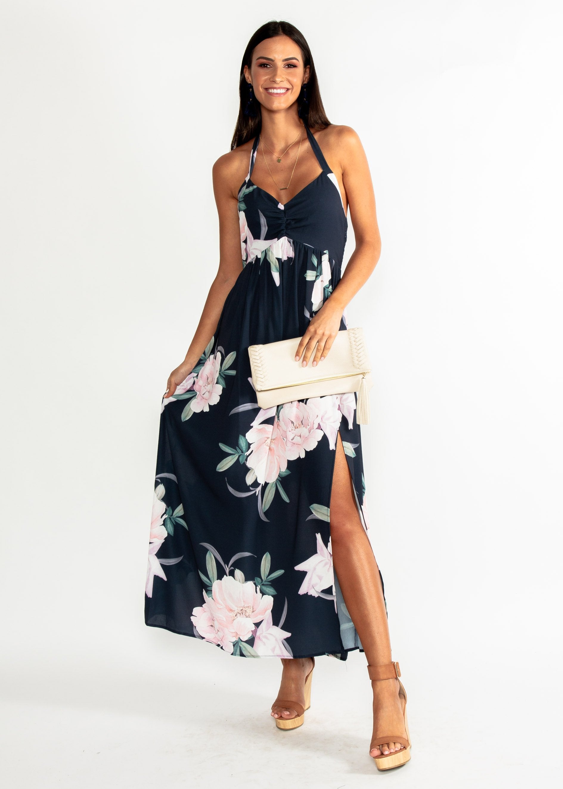 Sweet Serenade Halter Maxi Dress - Navy Floral