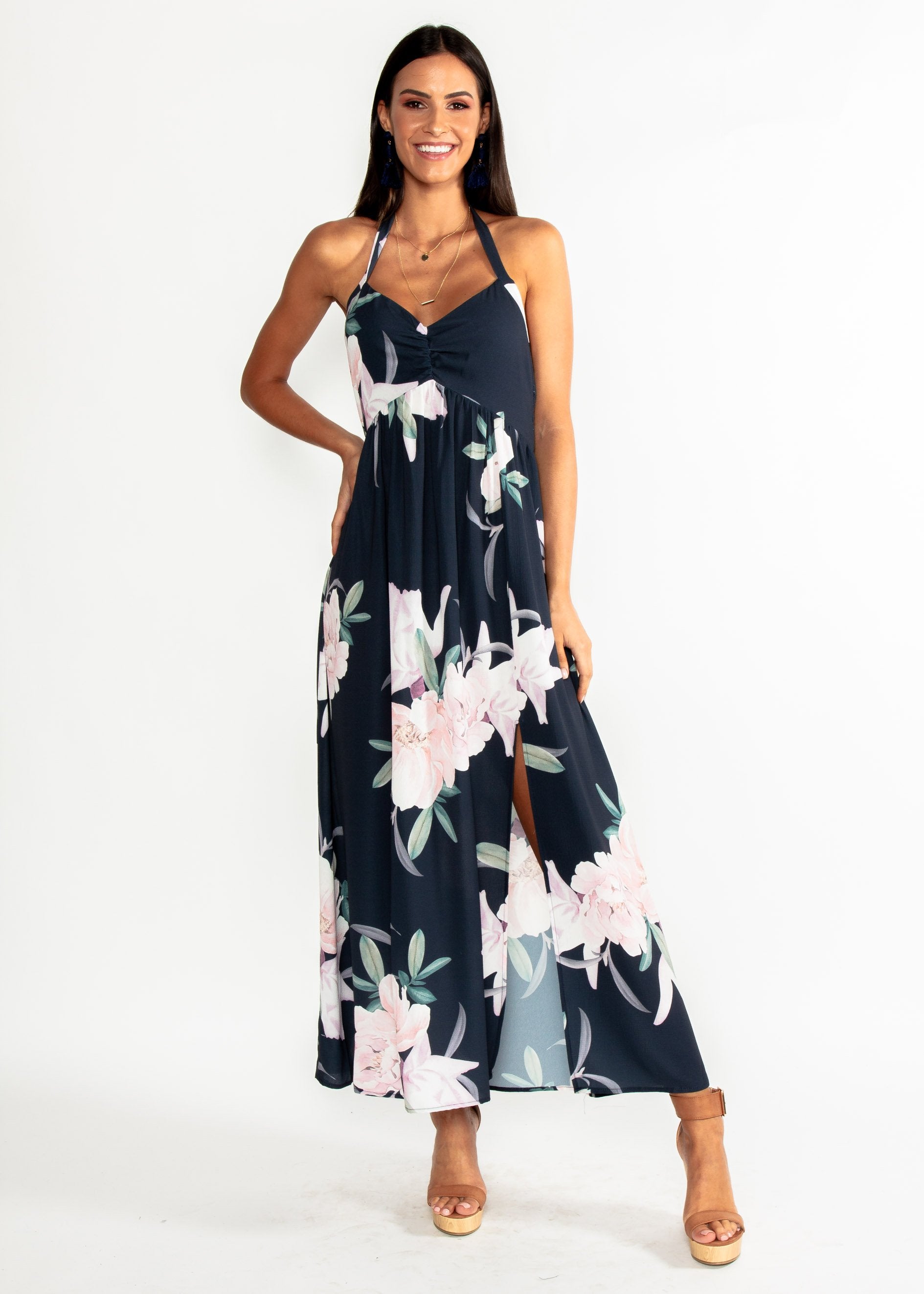 Sweet Serenade Halter Maxi Dress - Navy Floral