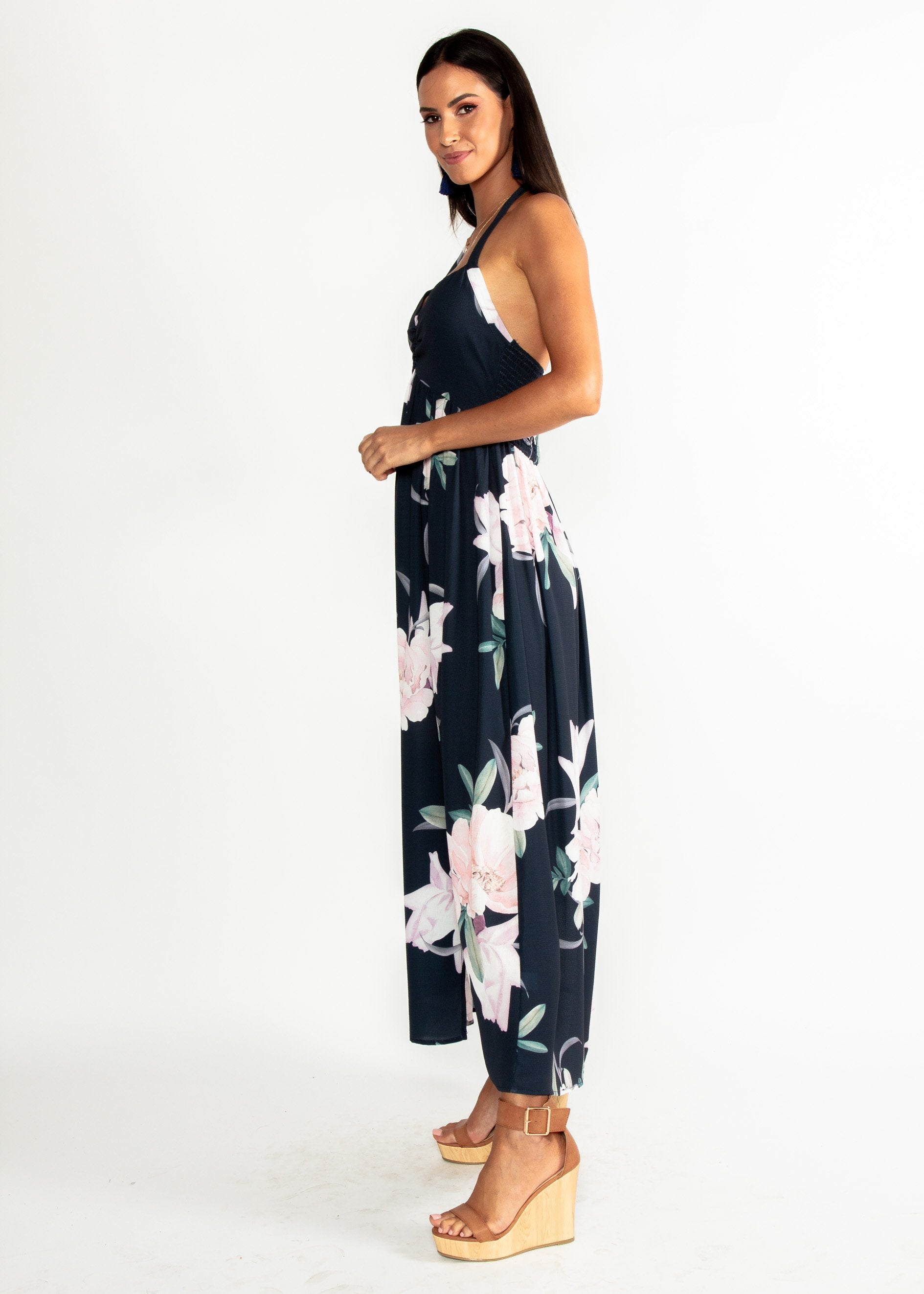 Sweet Serenade Halter Maxi Dress - Navy Floral