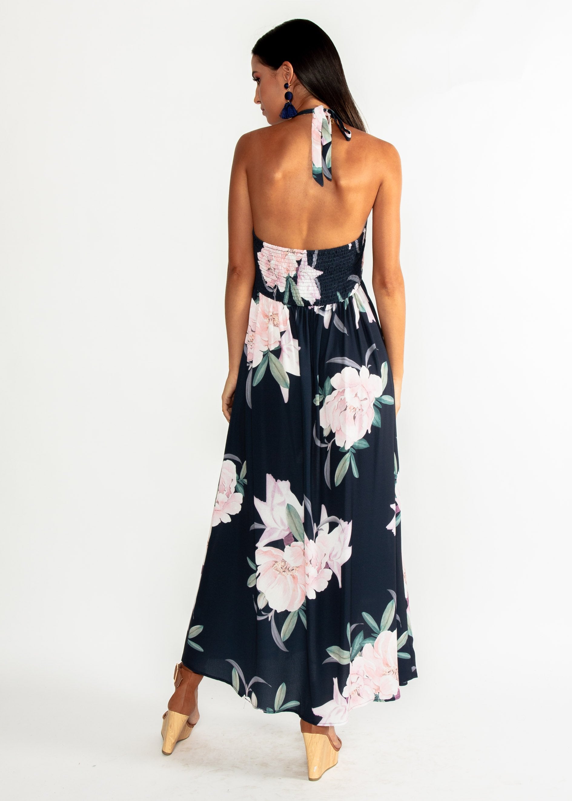 Sweet Serenade Halter Maxi Dress - Navy Floral