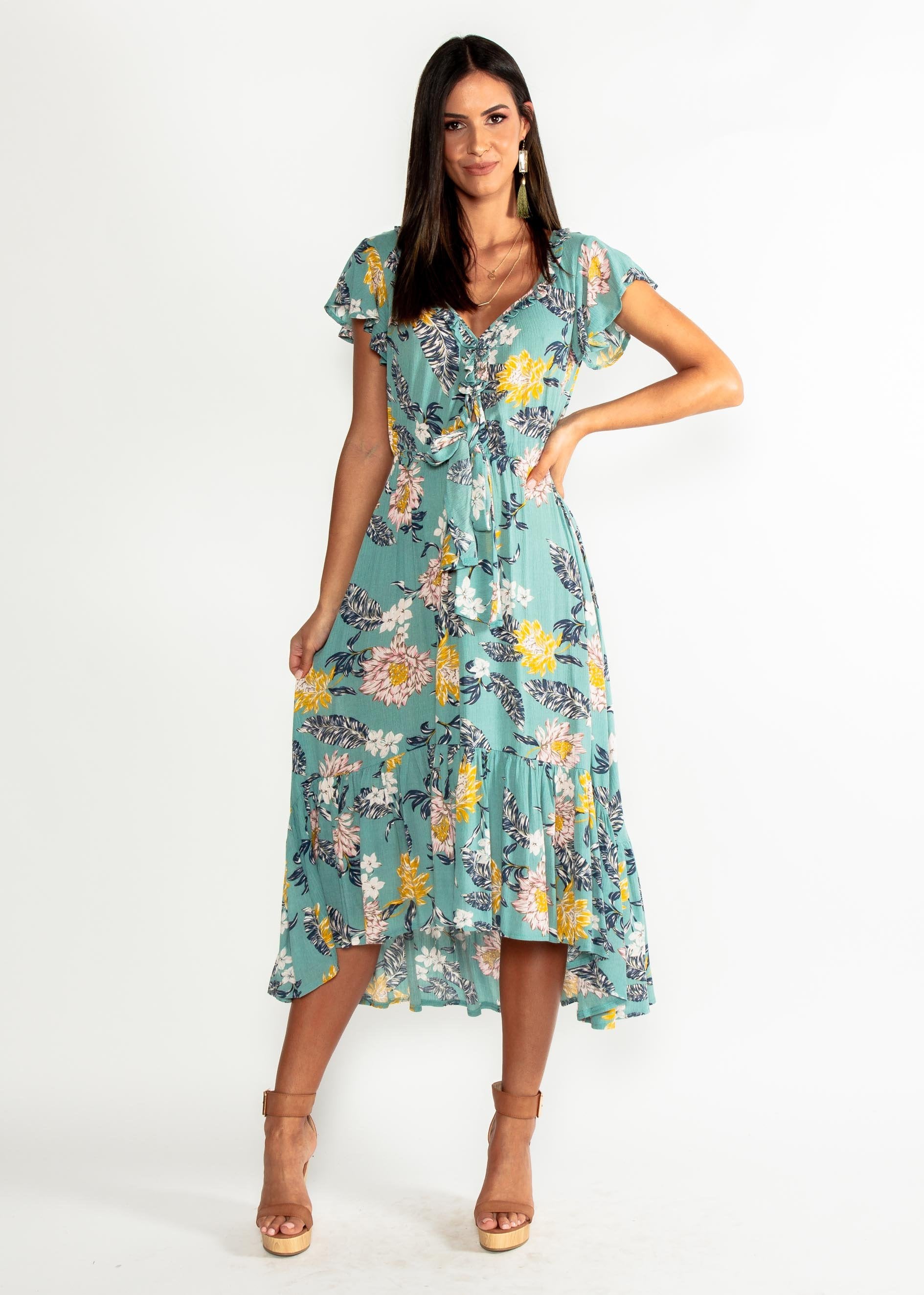 Marigold Tie Midi Dress - Mint Floral