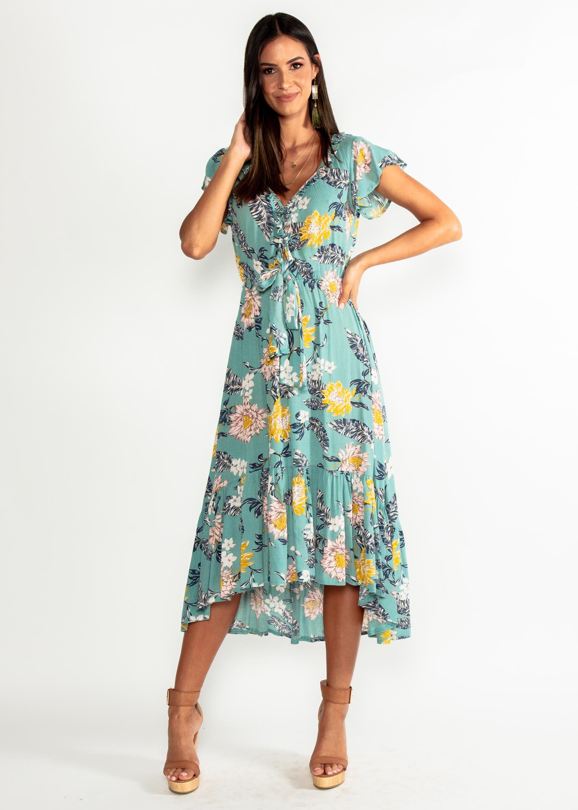 Marigold Tie Midi Dress - Mint Floral