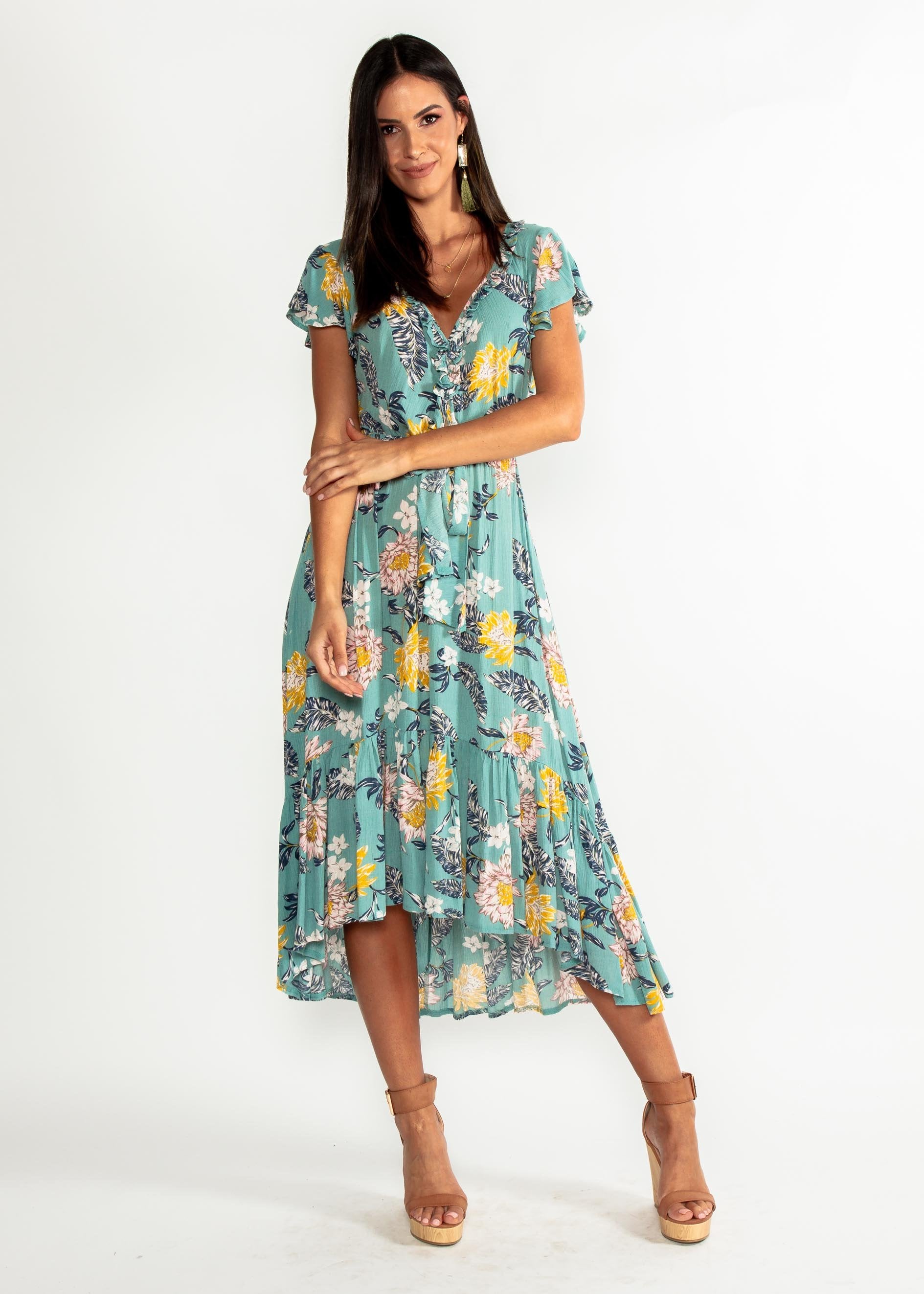Marigold Tie Midi Dress - Mint Floral