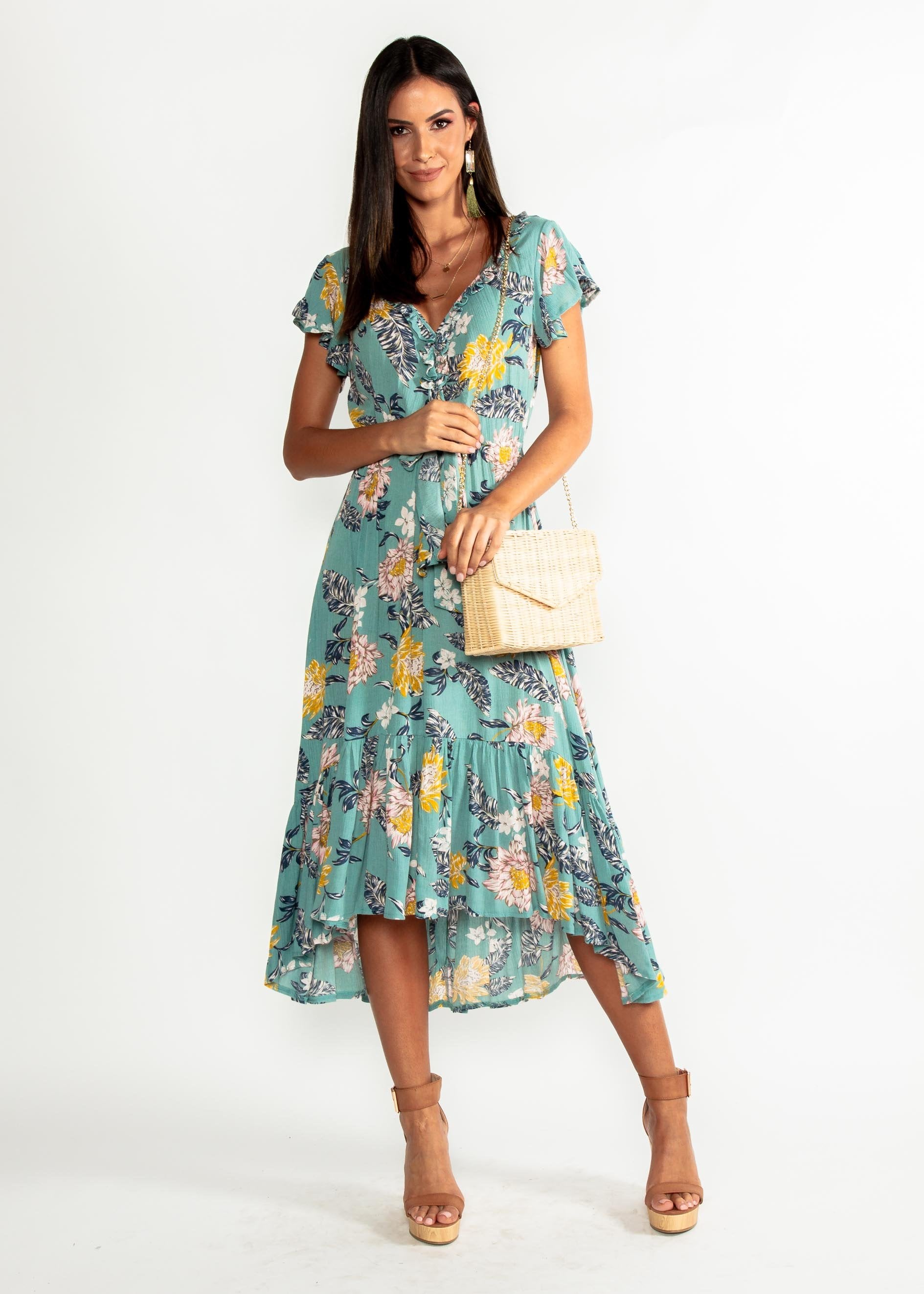 Marigold Tie Midi Dress - Mint Floral