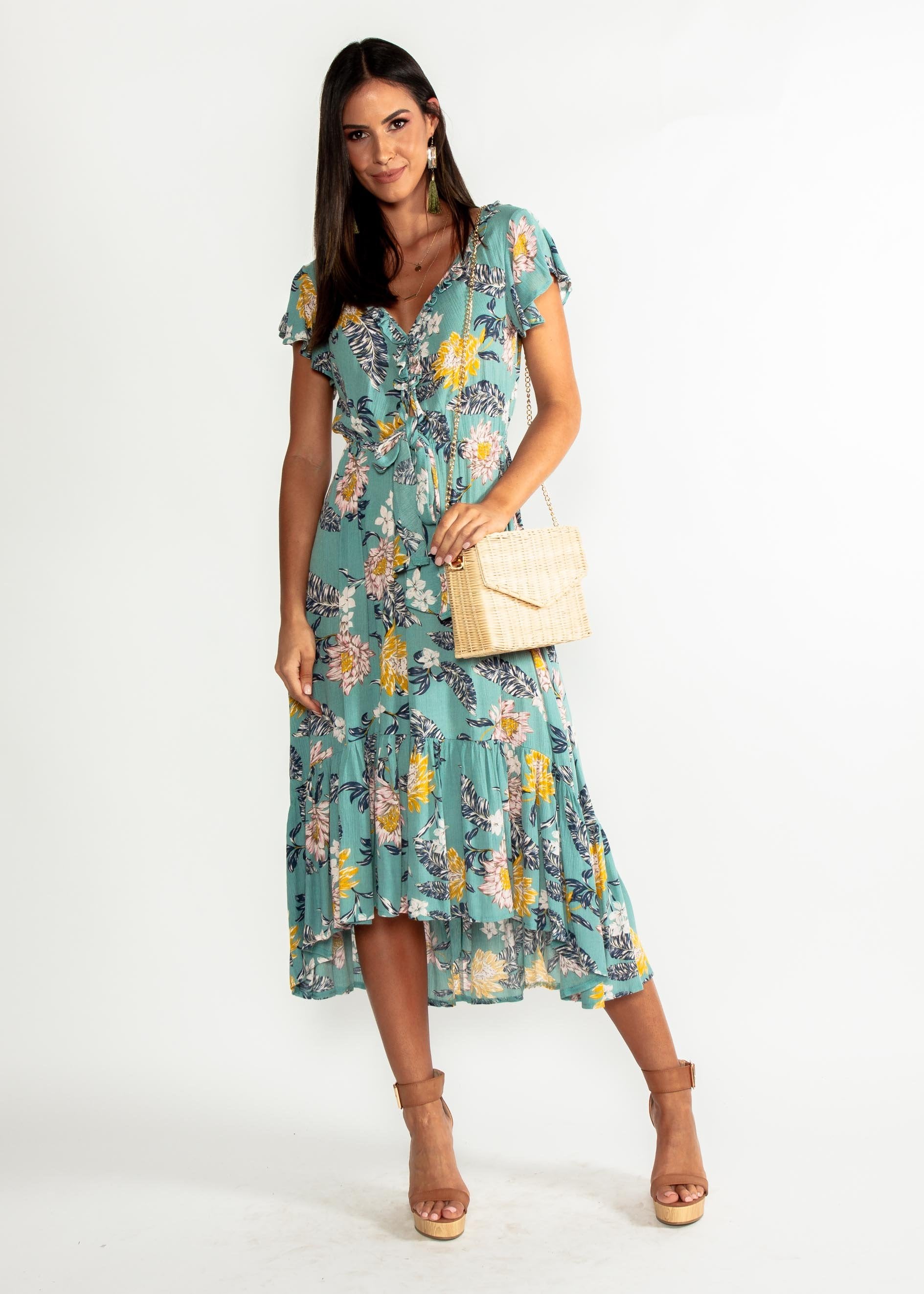 Marigold Tie Midi Dress - Mint Floral