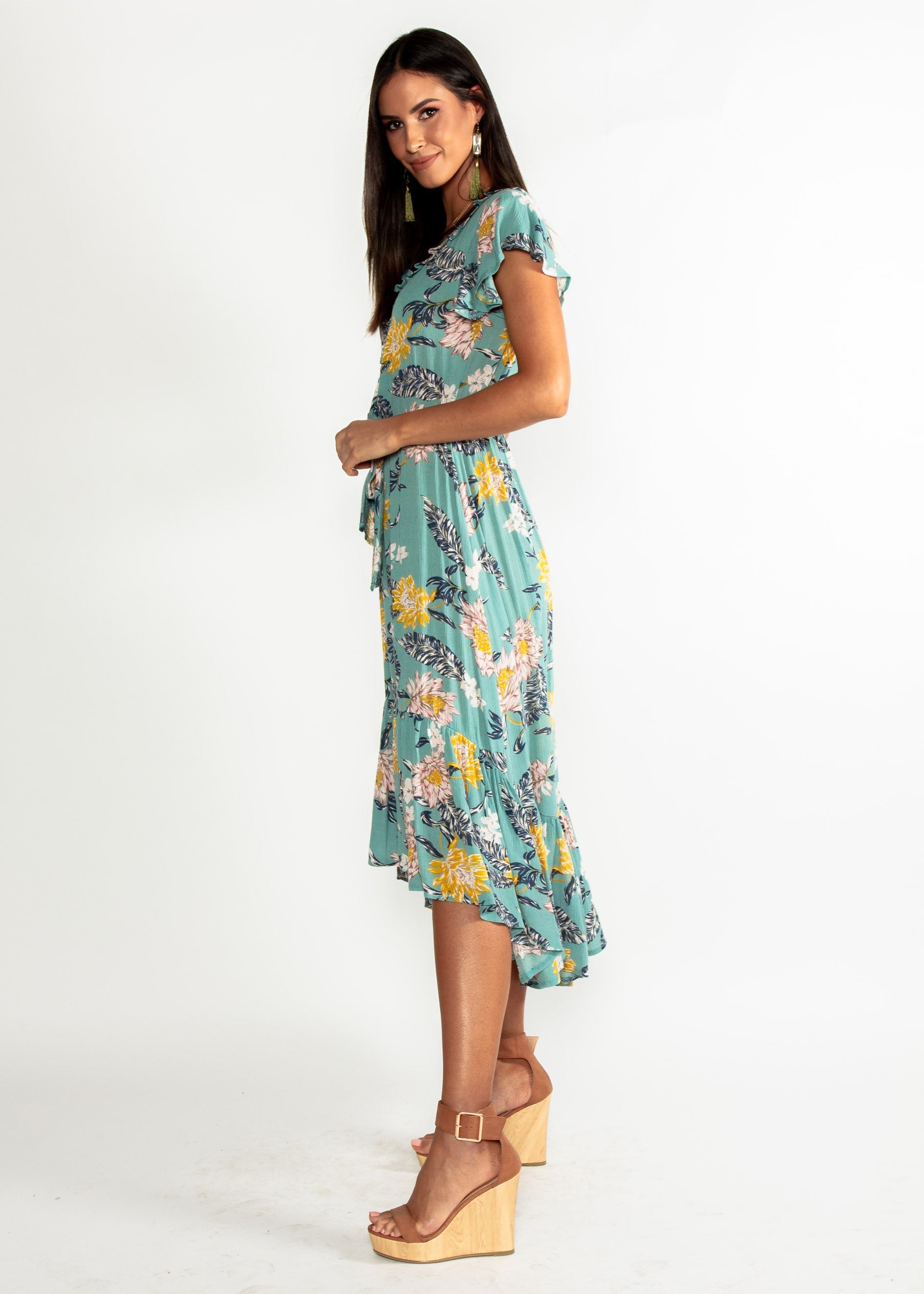 Marigold Tie Midi Dress - Mint Floral