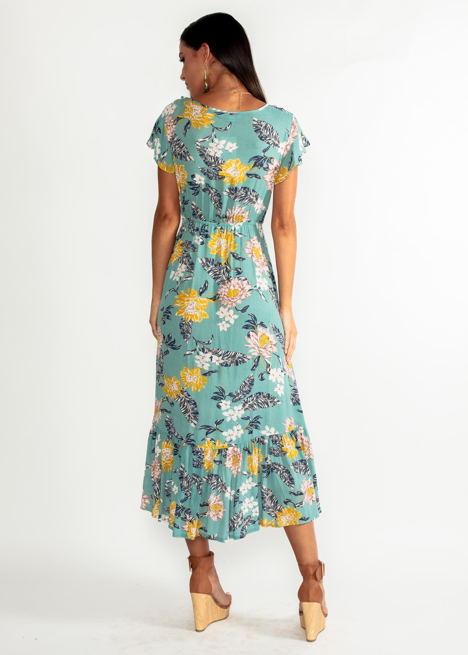 Marigold Tie Midi Dress - Mint Floral