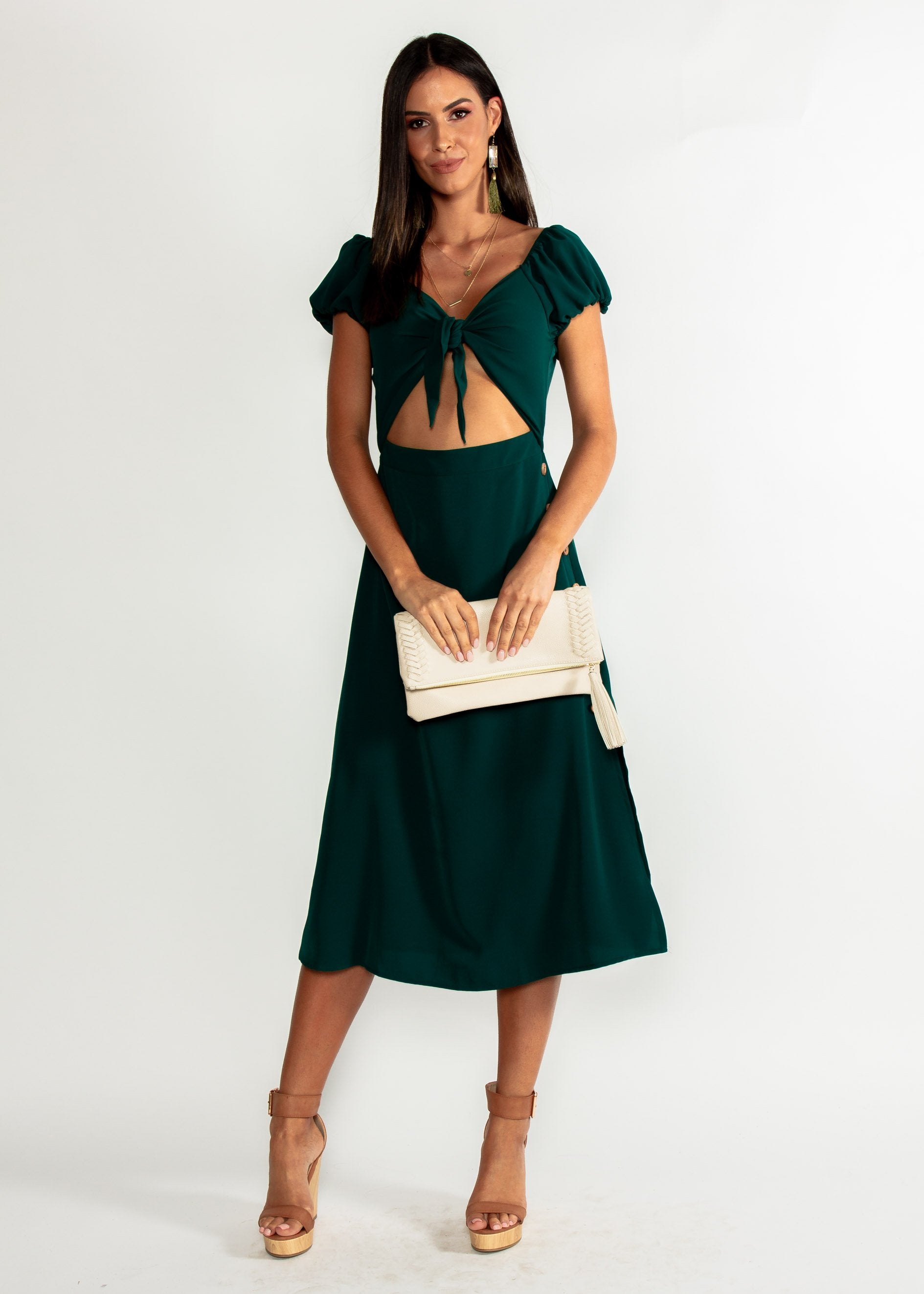 Free Fall Tie Midi Dress - Emerald