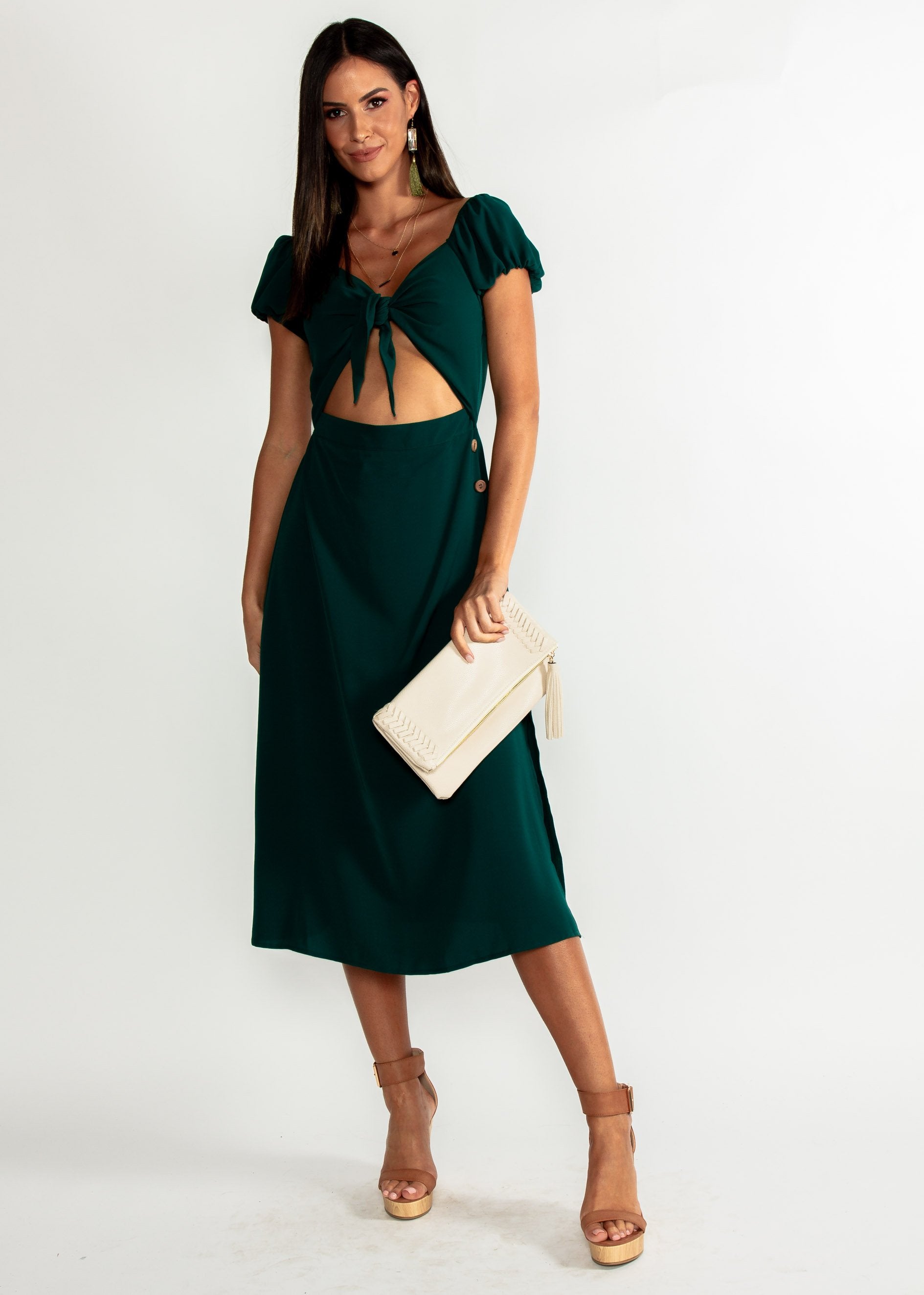 Free Fall Tie Midi Dress - Emerald