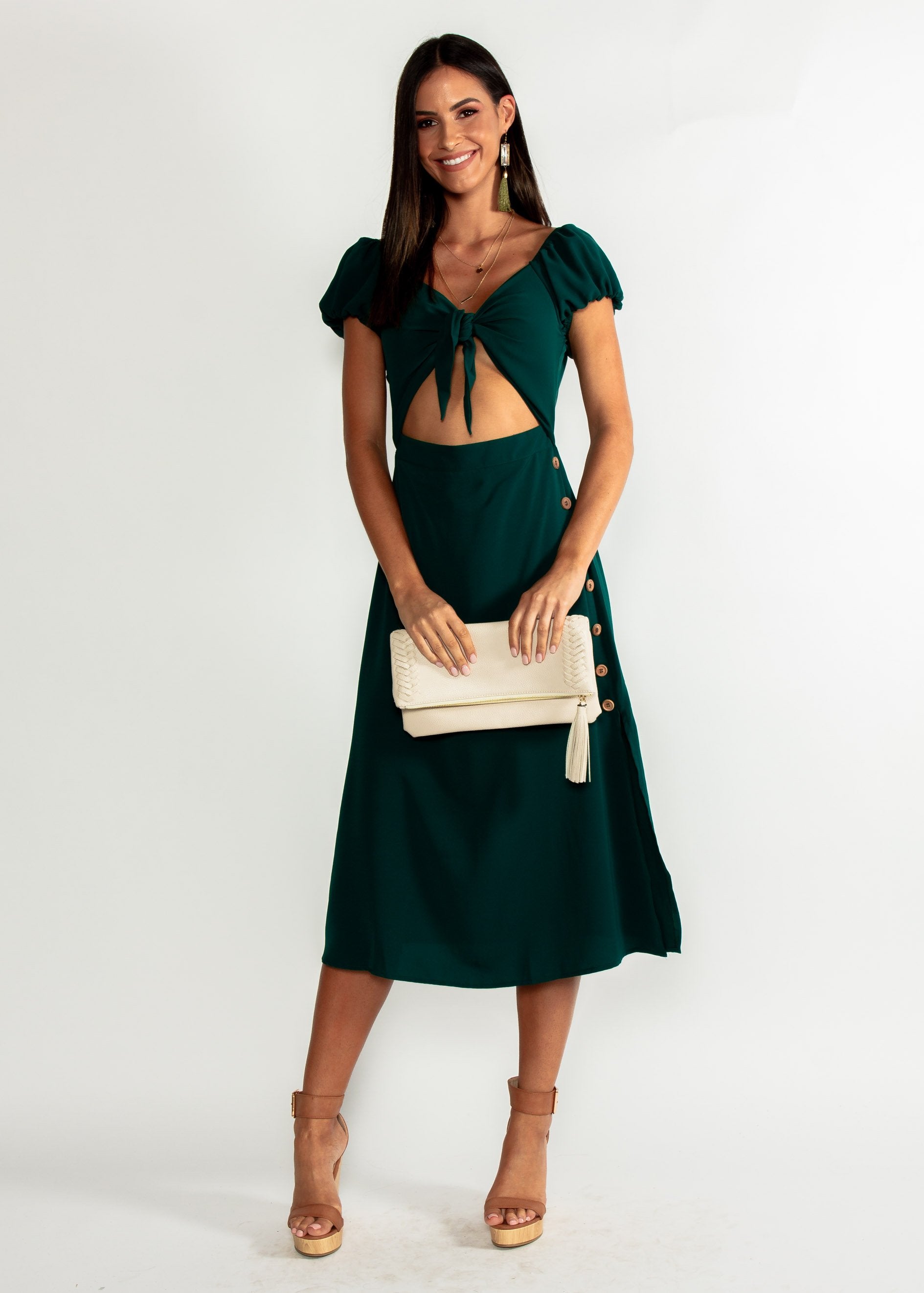Free Fall Tie Midi Dress - Emerald