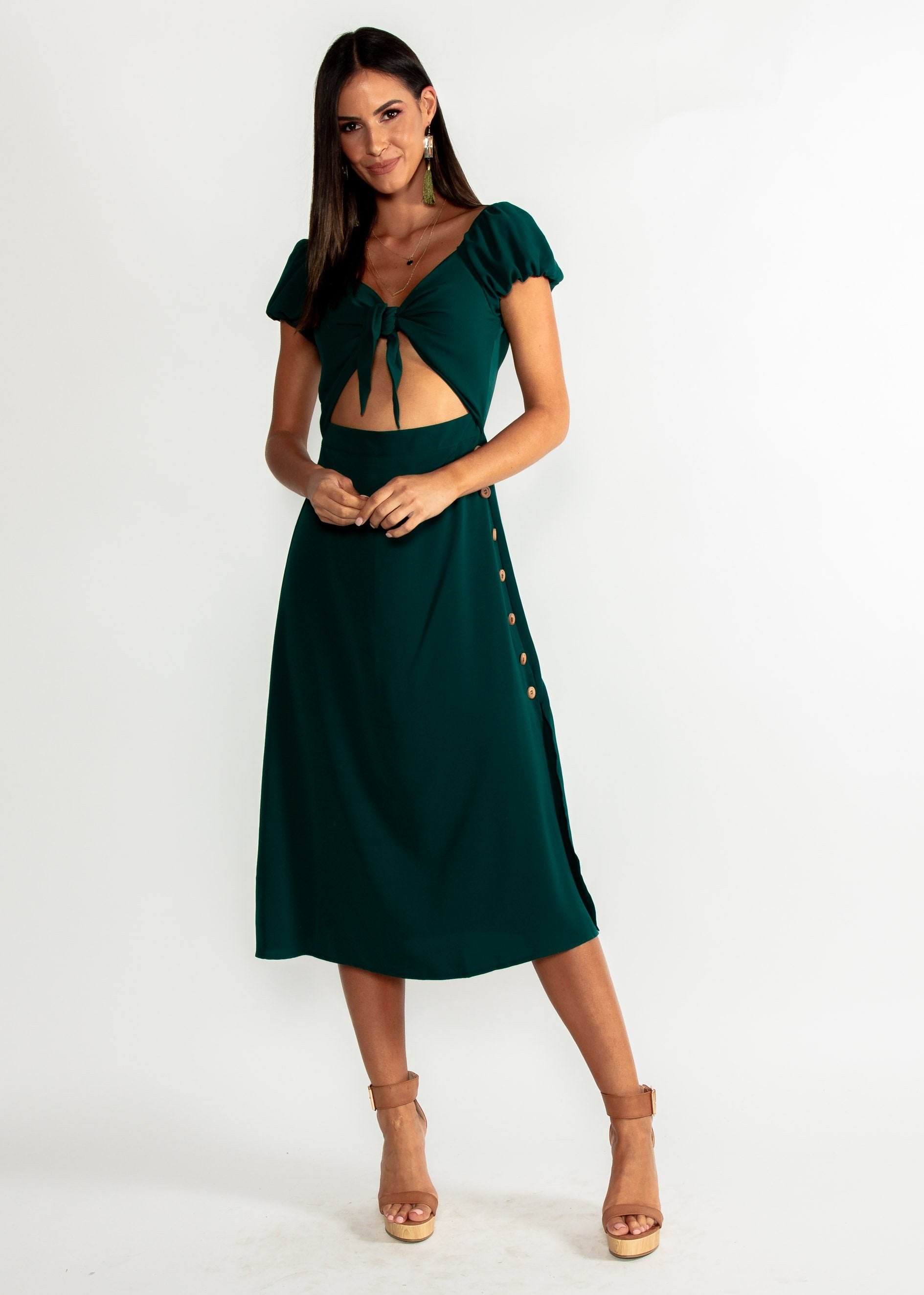 Free Fall Tie Midi Dress - Emerald