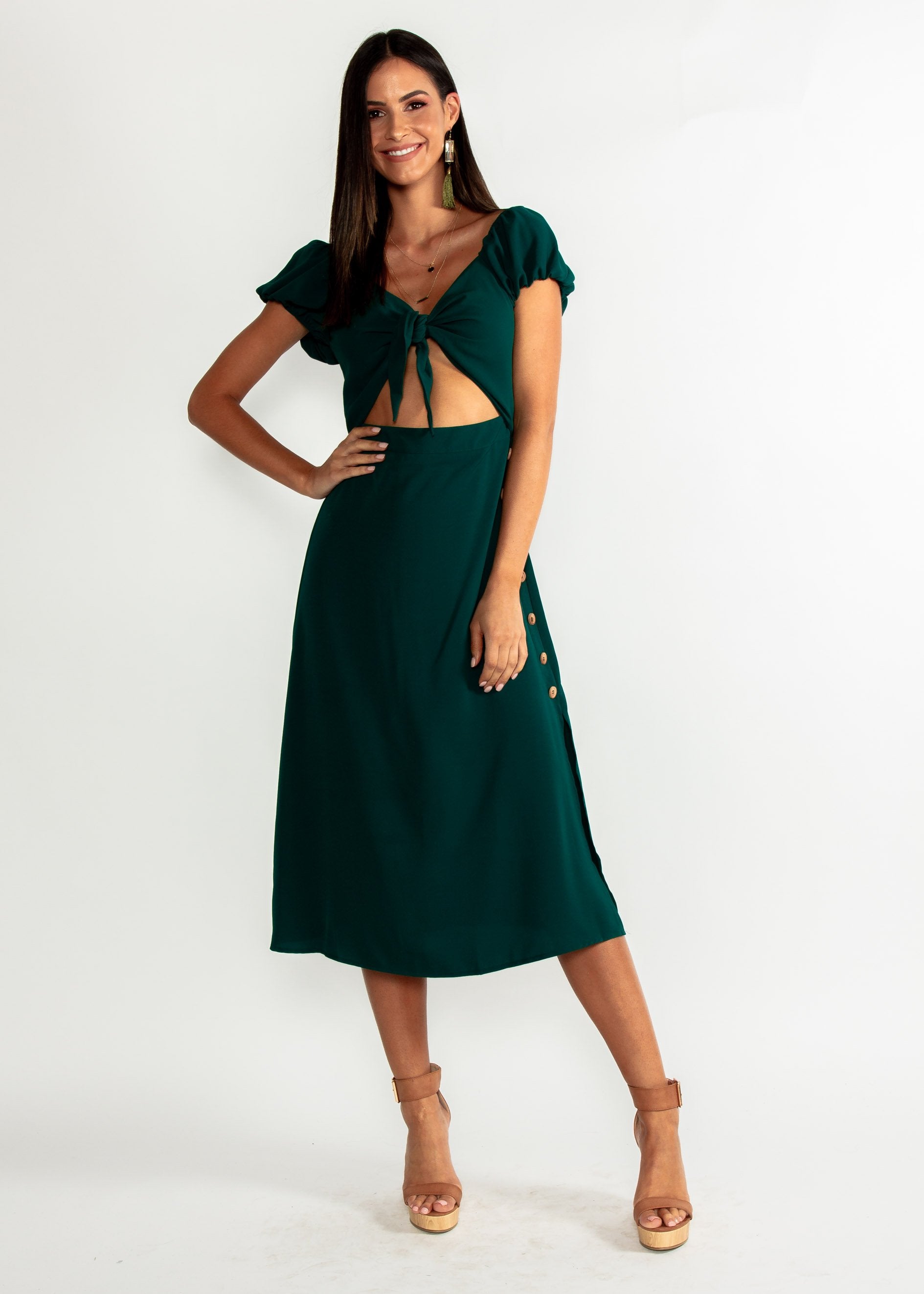 Free Fall Tie Midi Dress - Emerald