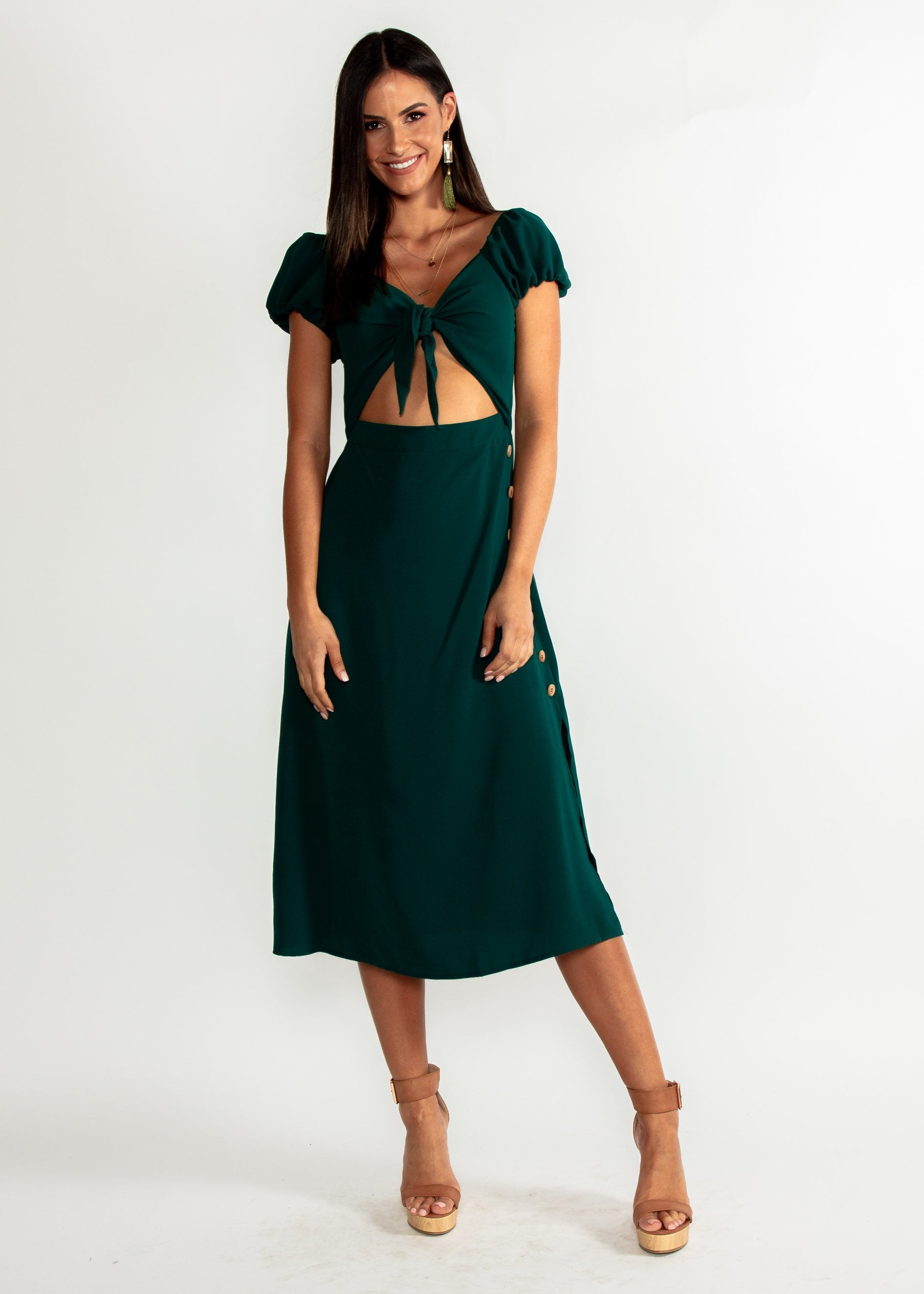 Free Fall Tie Midi Dress - Emerald