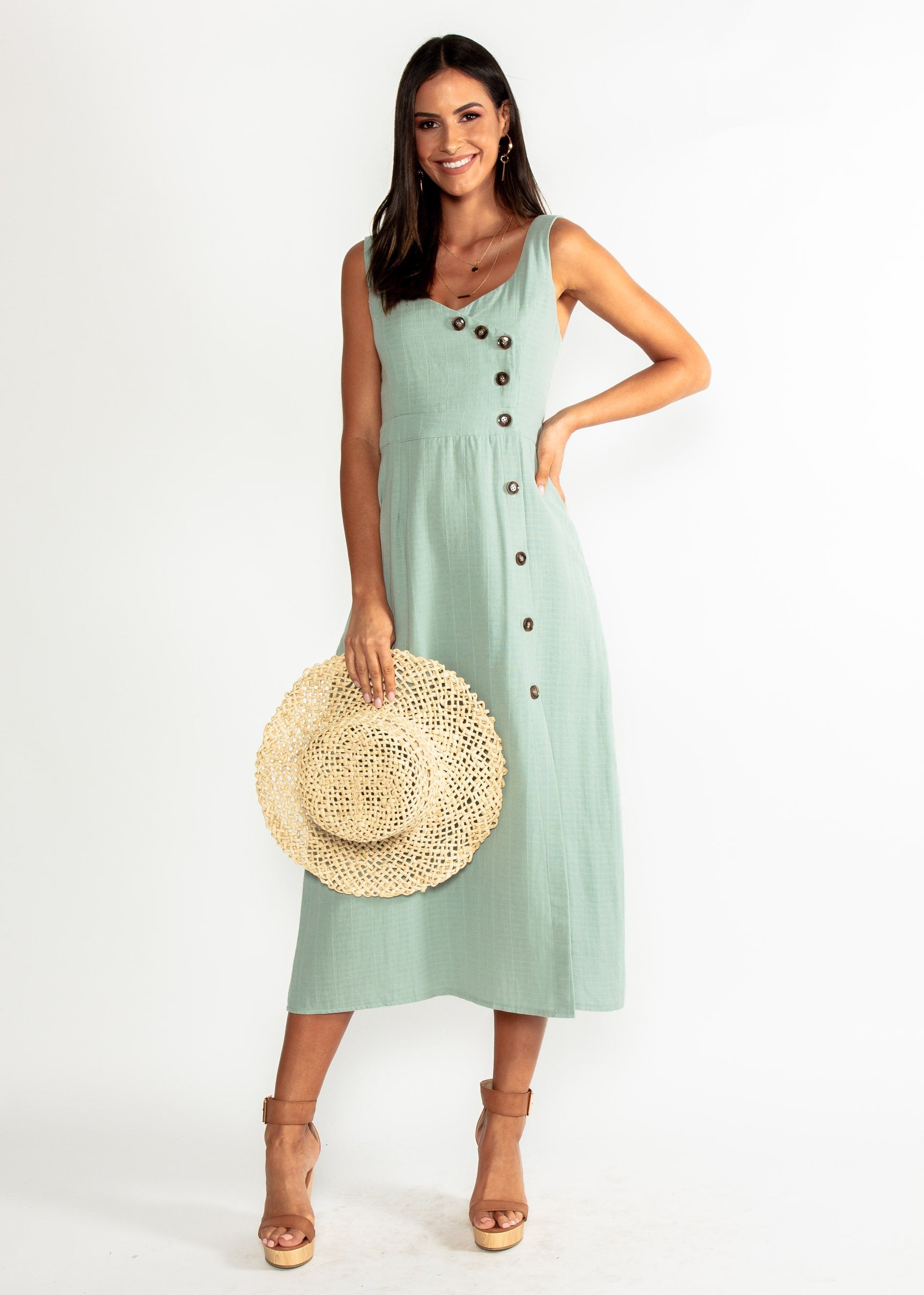 Amberle Linen-Blend Midi Dress - Sage