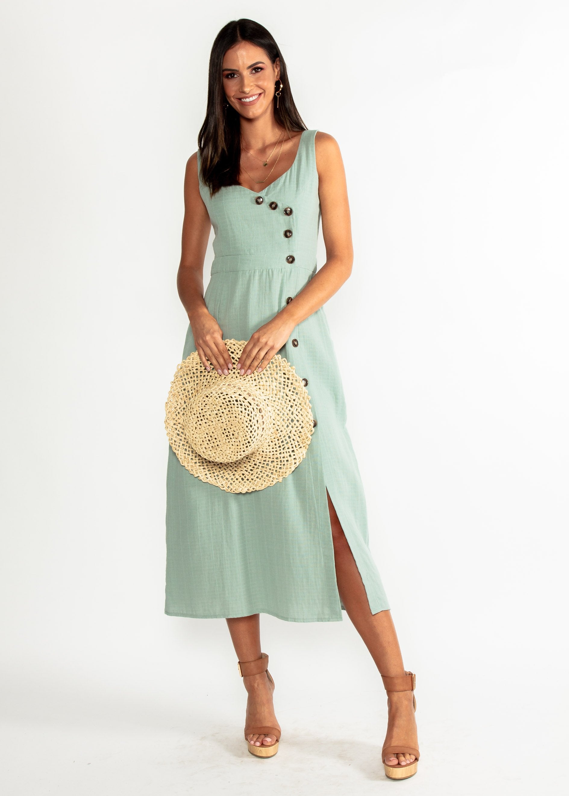 Amberle Linen-Blend Midi Dress - Sage