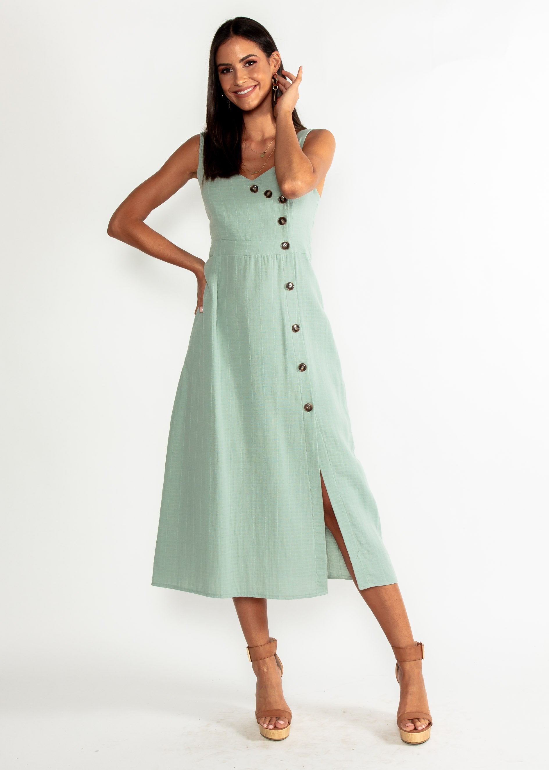 Amberle Linen-Blend Midi Dress - Sage