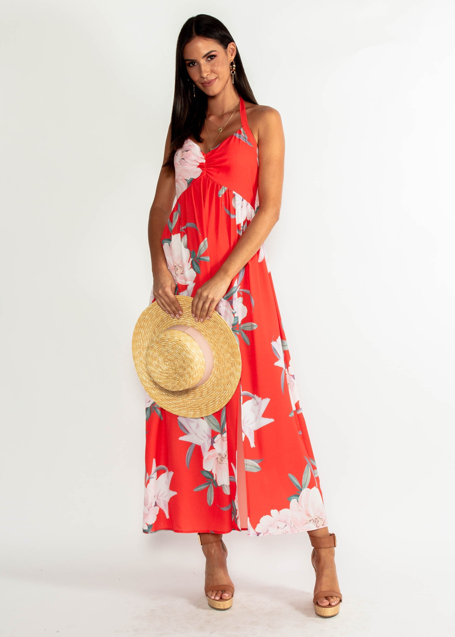 Sweet Serenade Halter Maxi Dress - Scarlet Floral
