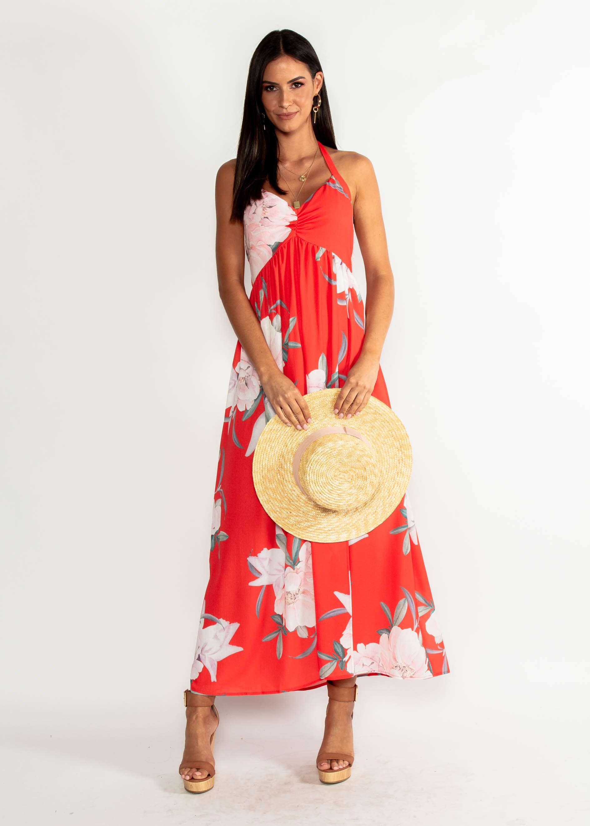 Sweet Serenade Halter Maxi Dress - Scarlet Floral