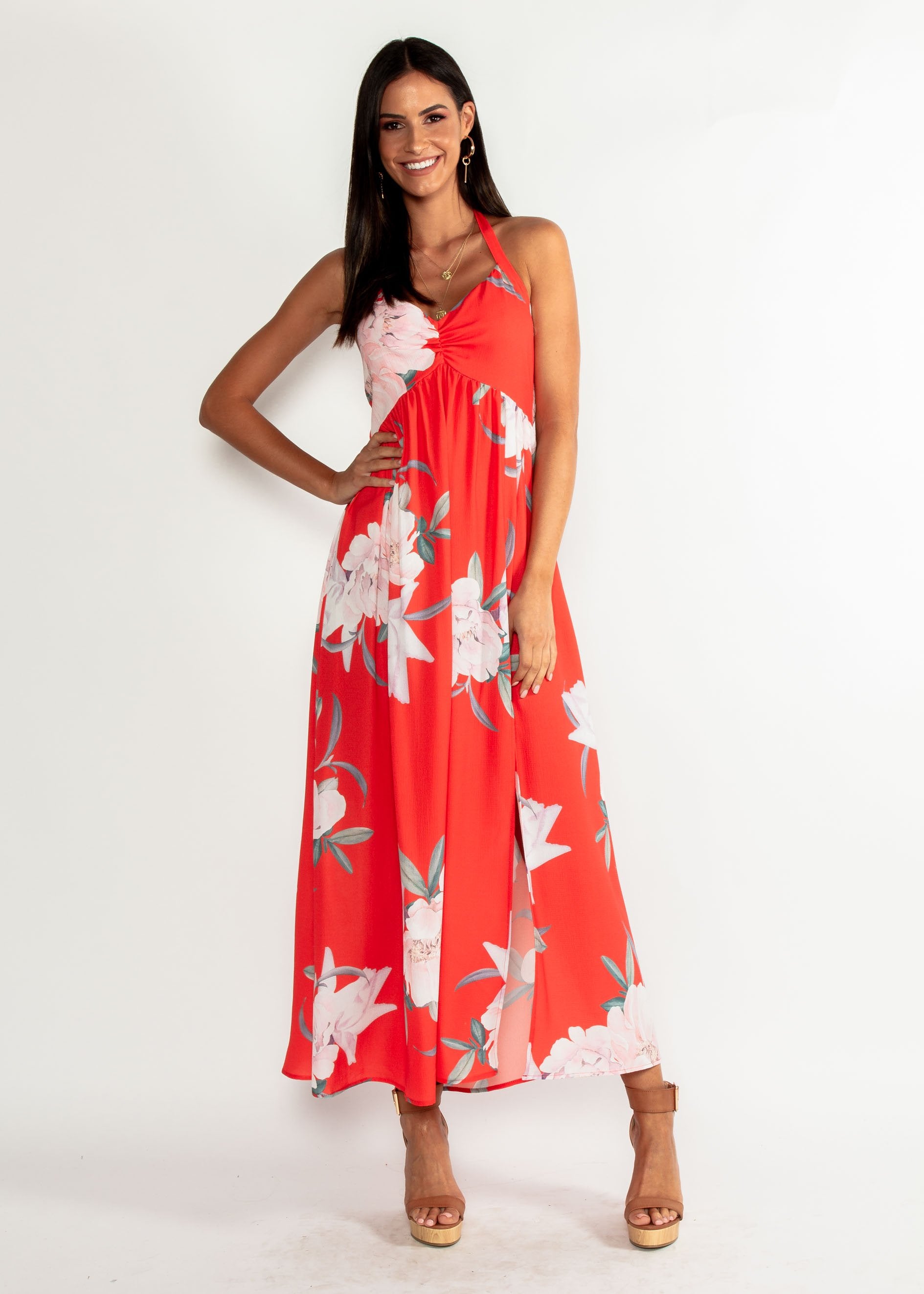 Sweet Serenade Halter Maxi Dress - Scarlet Floral
