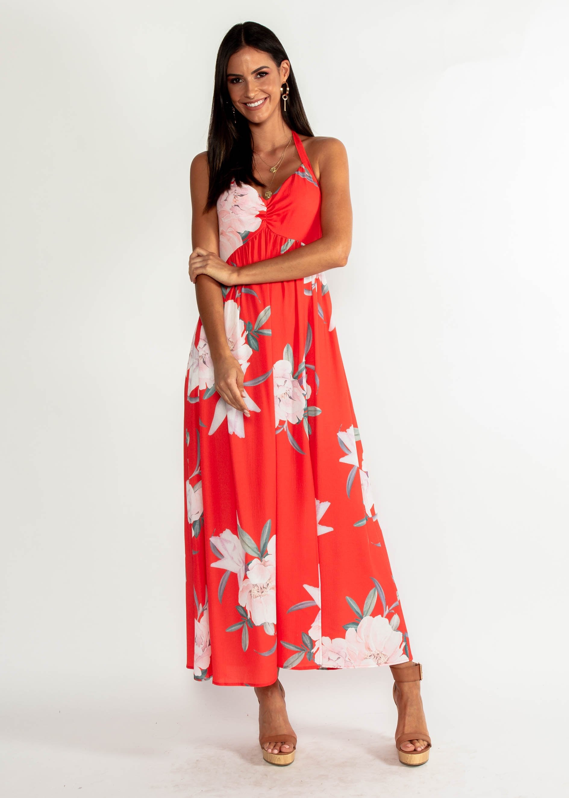 Sweet Serenade Halter Maxi Dress - Scarlet Floral