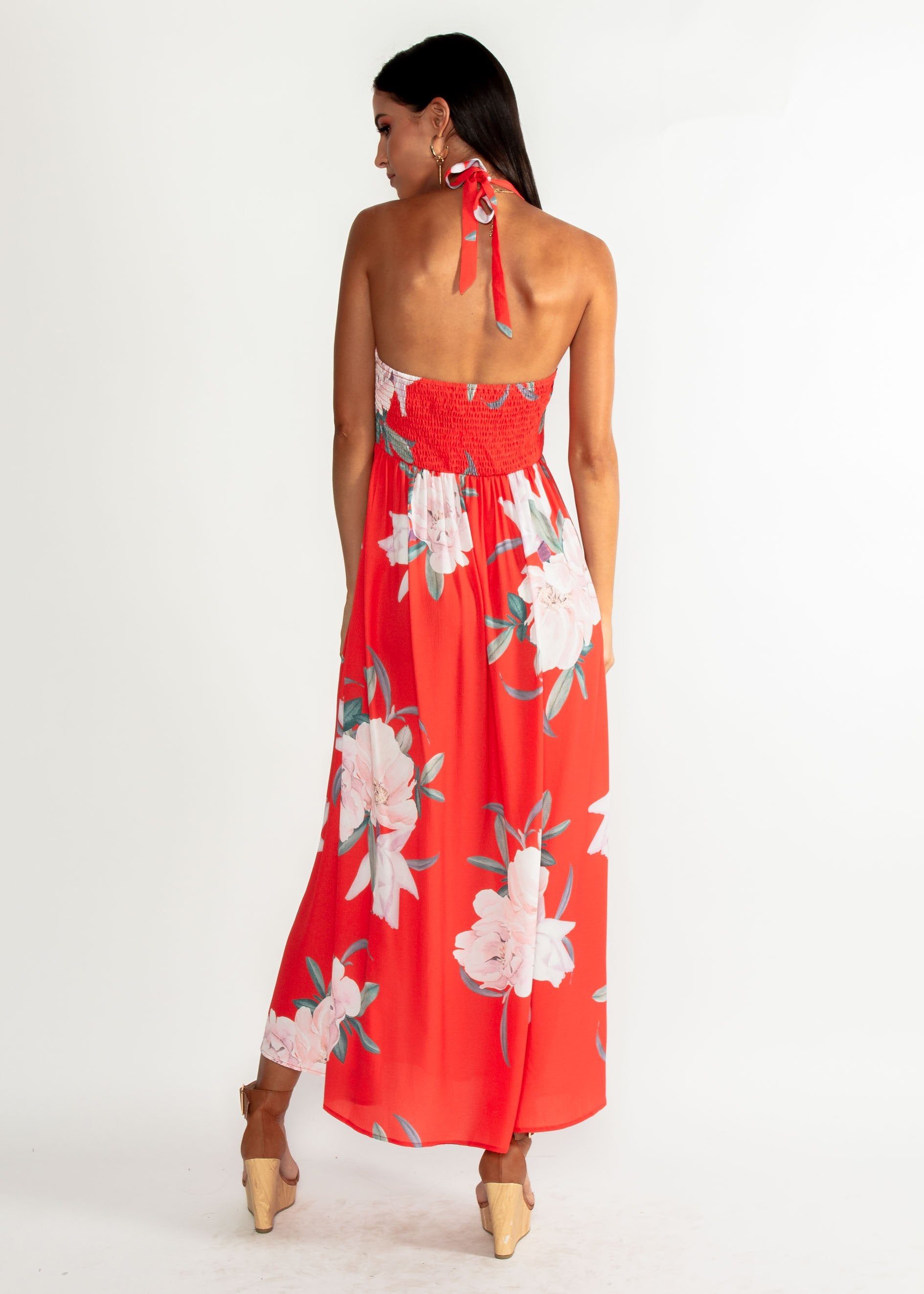 Sweet Serenade Halter Maxi Dress - Scarlet Floral