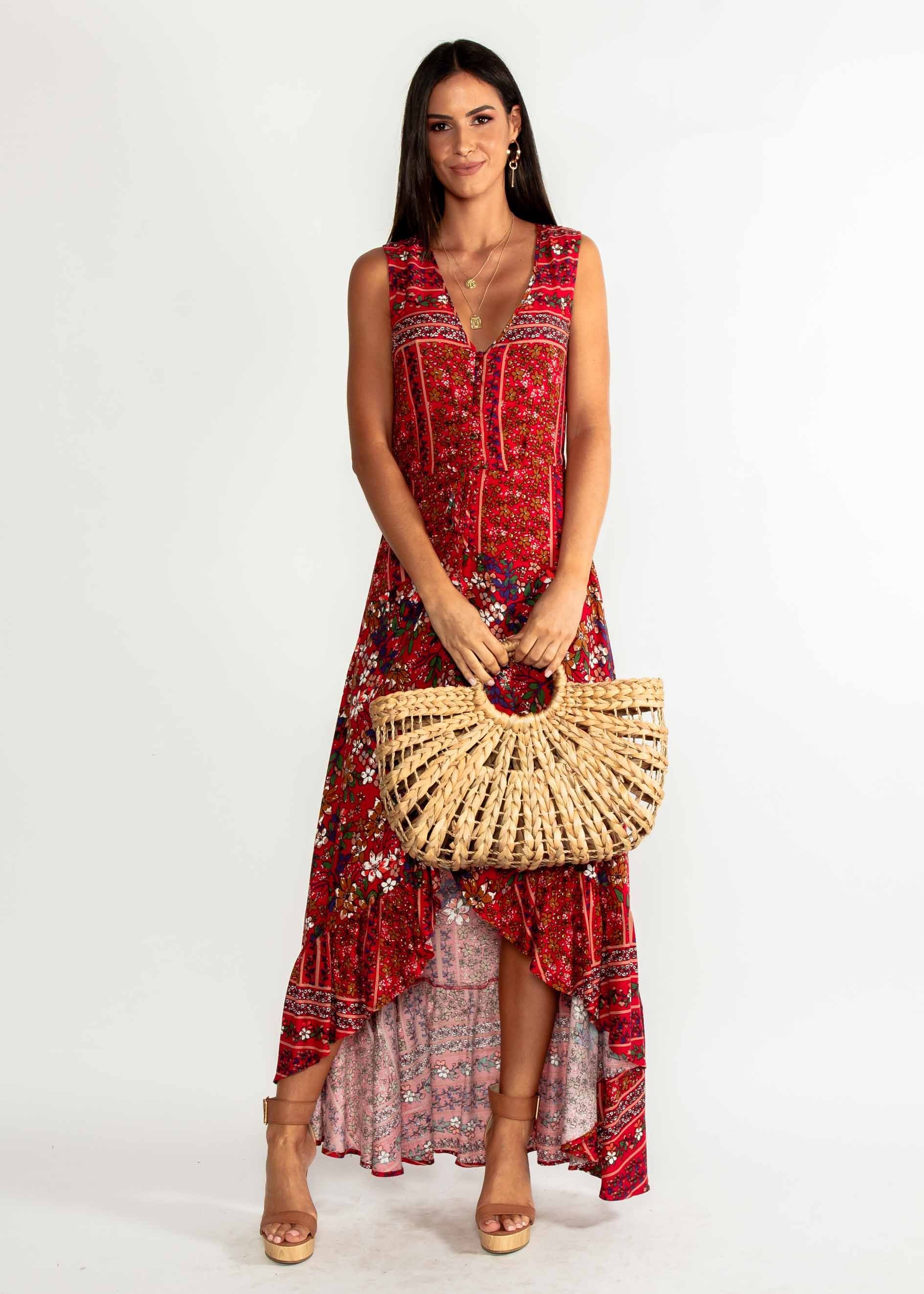 Marsielle Hi-Lo Maxi Dress - Red Floral