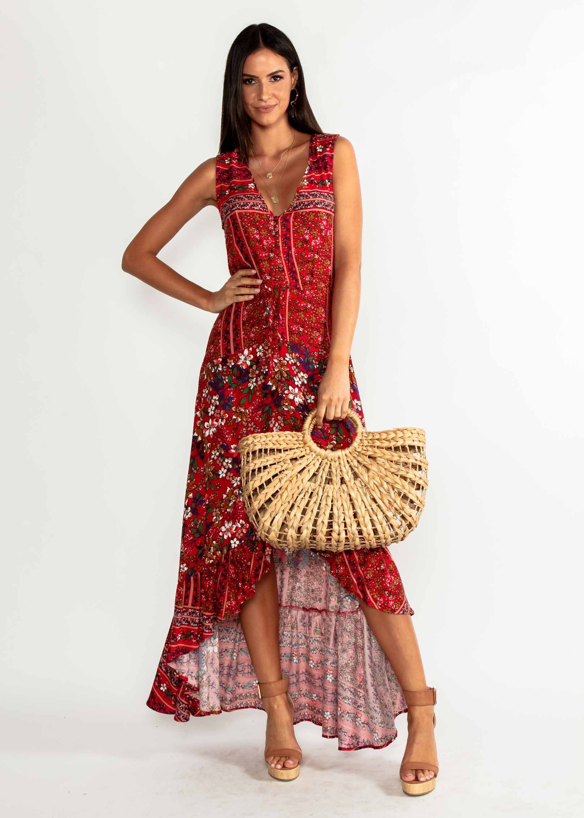Marsielle Hi-Lo Maxi Dress - Red Floral