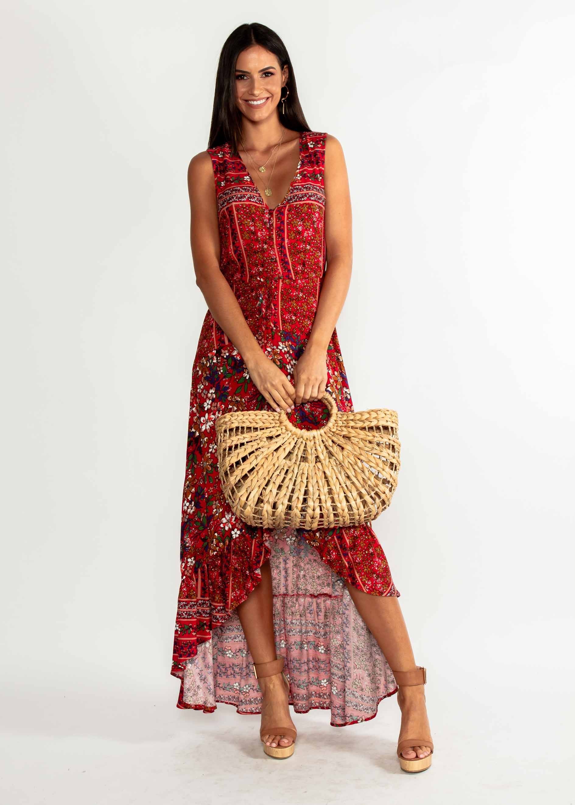 Marsielle Hi-Lo Maxi Dress - Red Floral