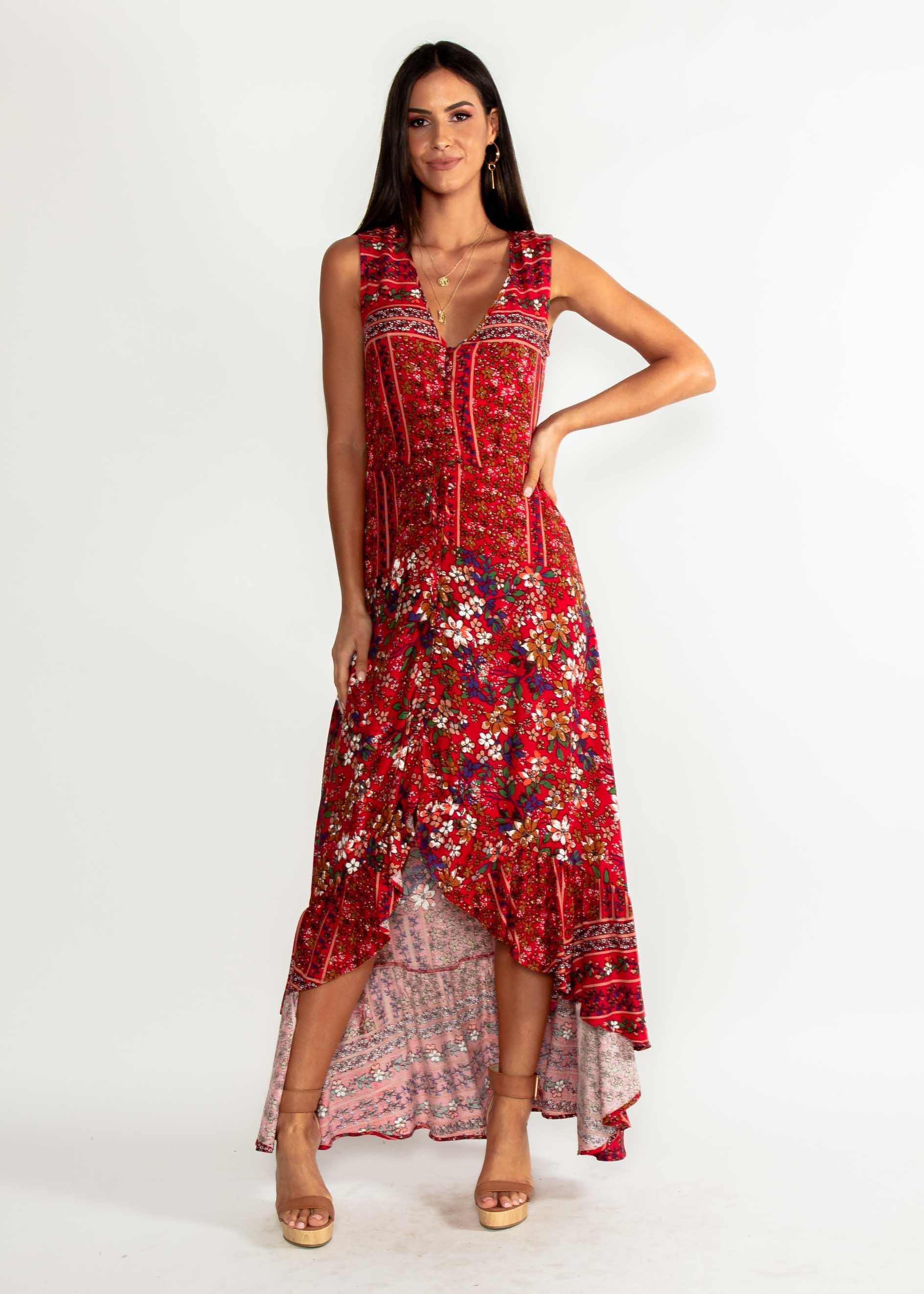 Marsielle Hi-Lo Maxi Dress - Red Floral