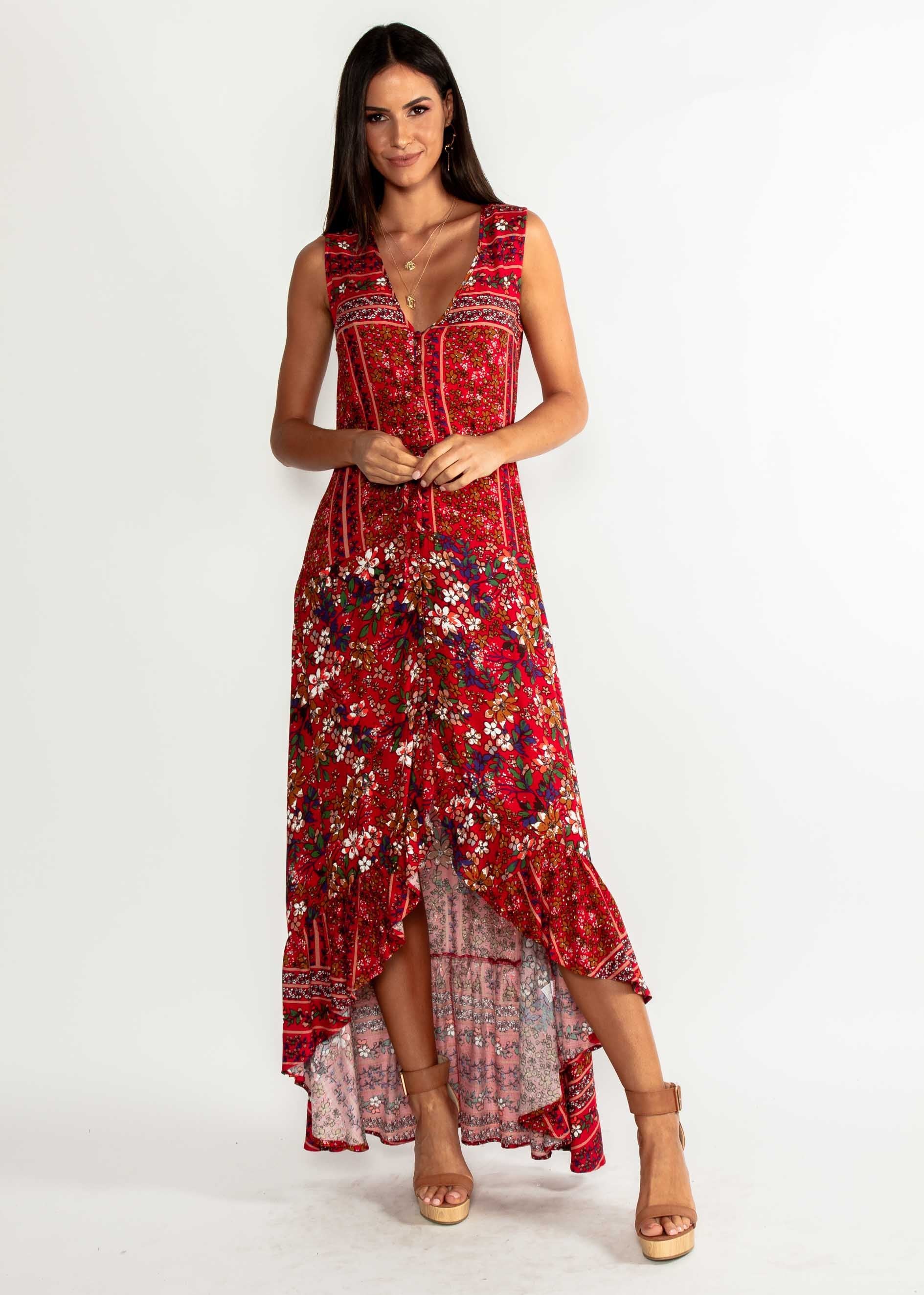 Marsielle Hi-Lo Maxi Dress - Red Floral