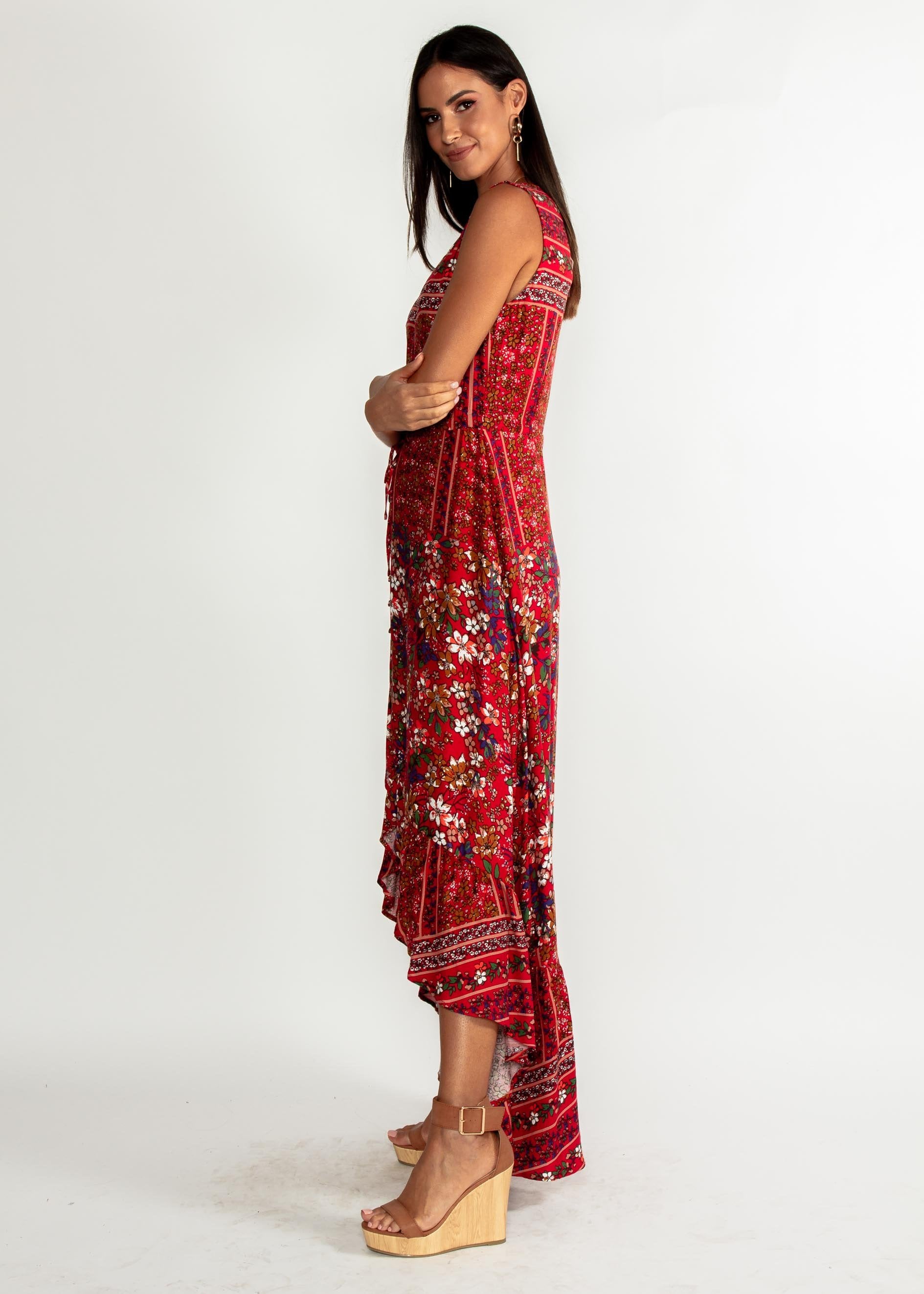 Marsielle Hi-Lo Maxi Dress - Red Floral