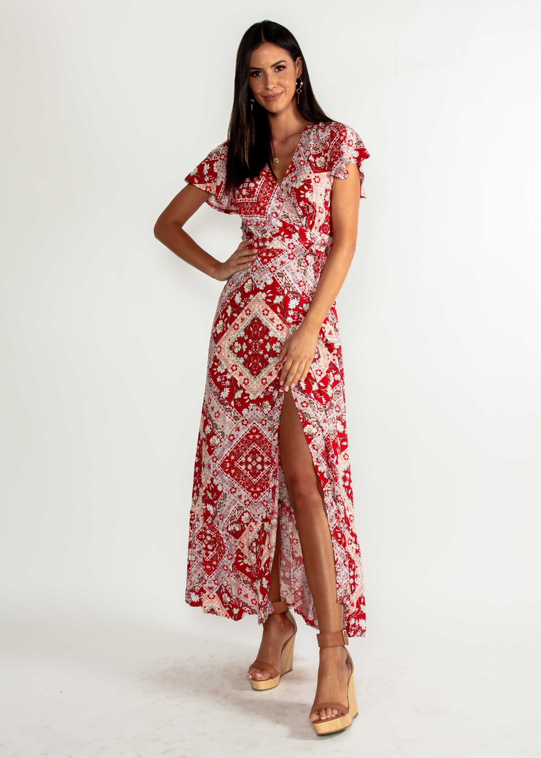 Elise Maxi Wrap Dress - Red Paisley