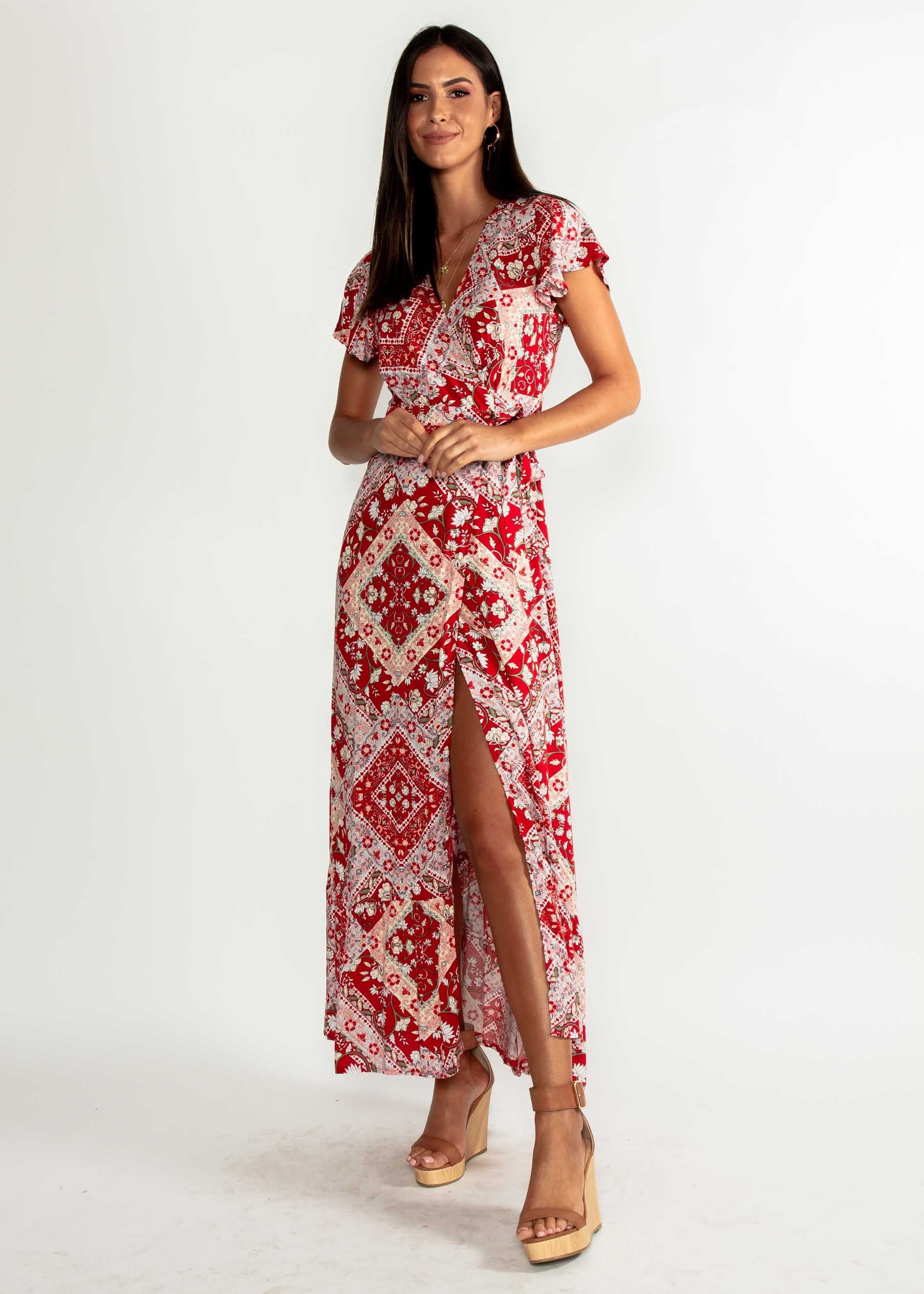 Elise Maxi Wrap Dress - Red Paisley