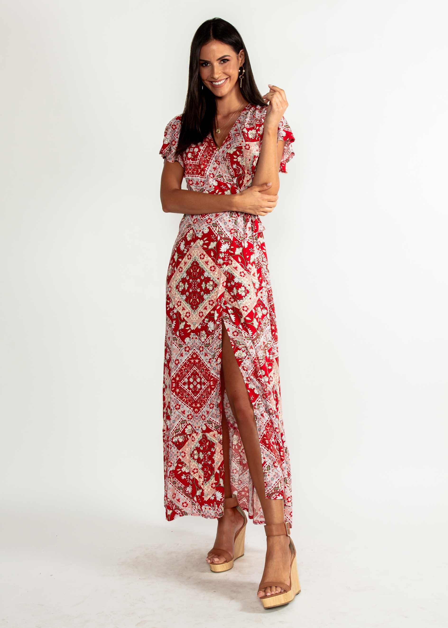 Elise Maxi Wrap Dress - Red Paisley
