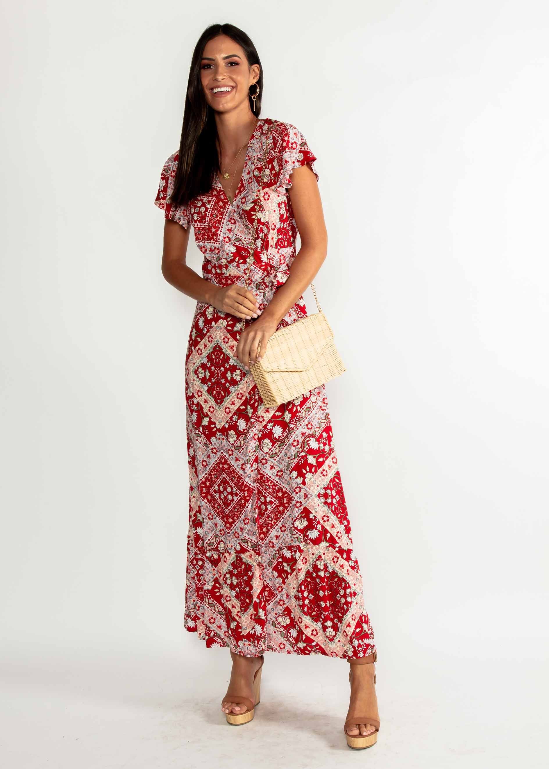 Elise Maxi Wrap Dress - Red Paisley