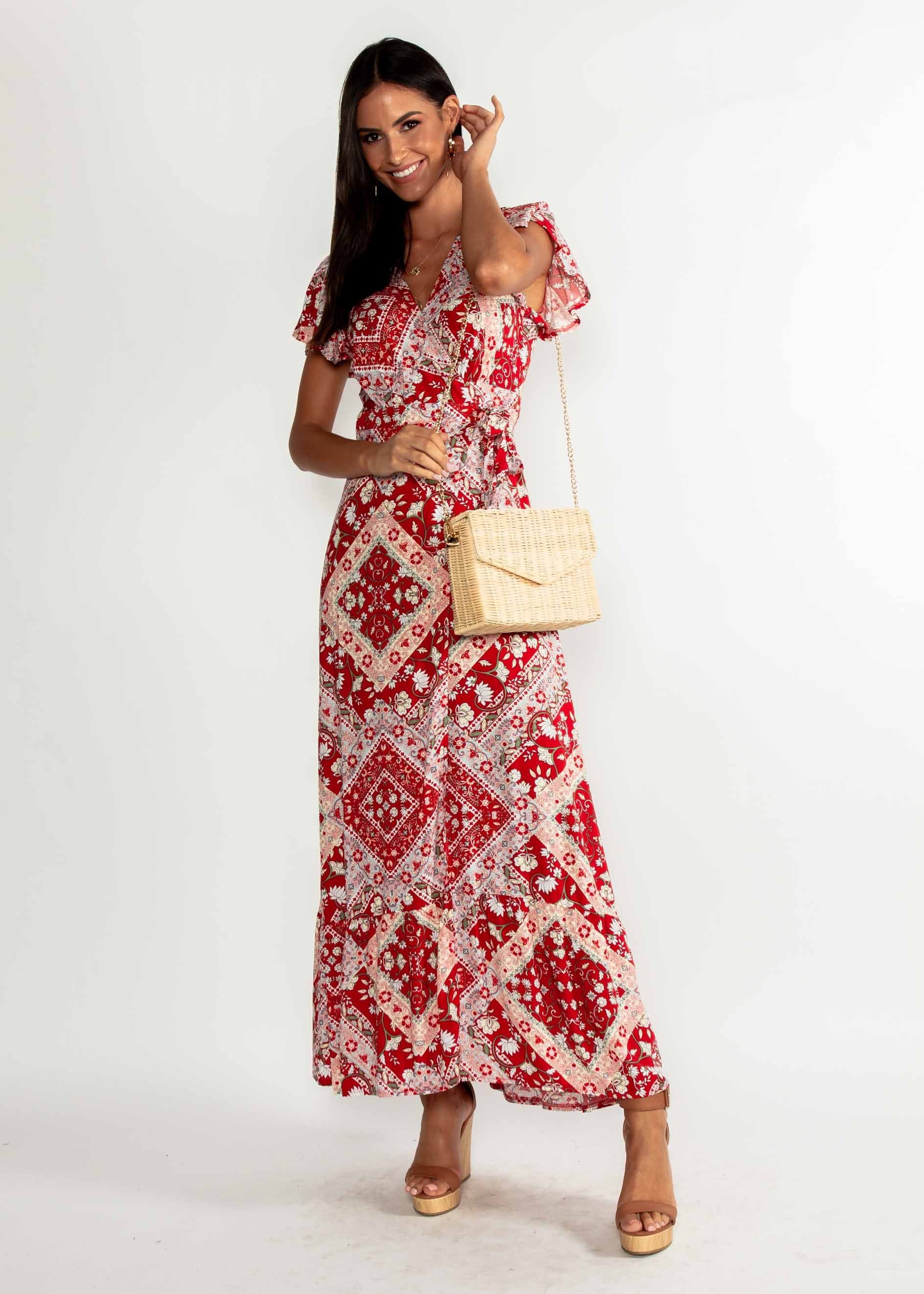 Elise Maxi Wrap Dress - Red Paisley