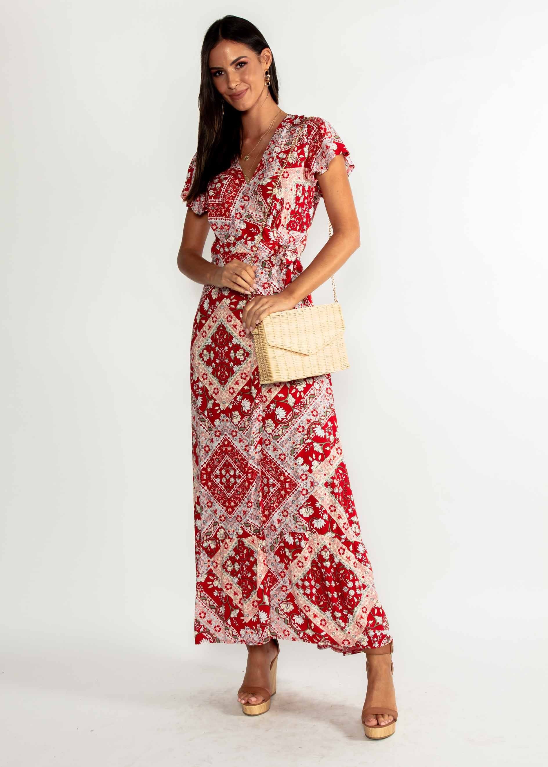 Elise Maxi Wrap Dress - Red Paisley