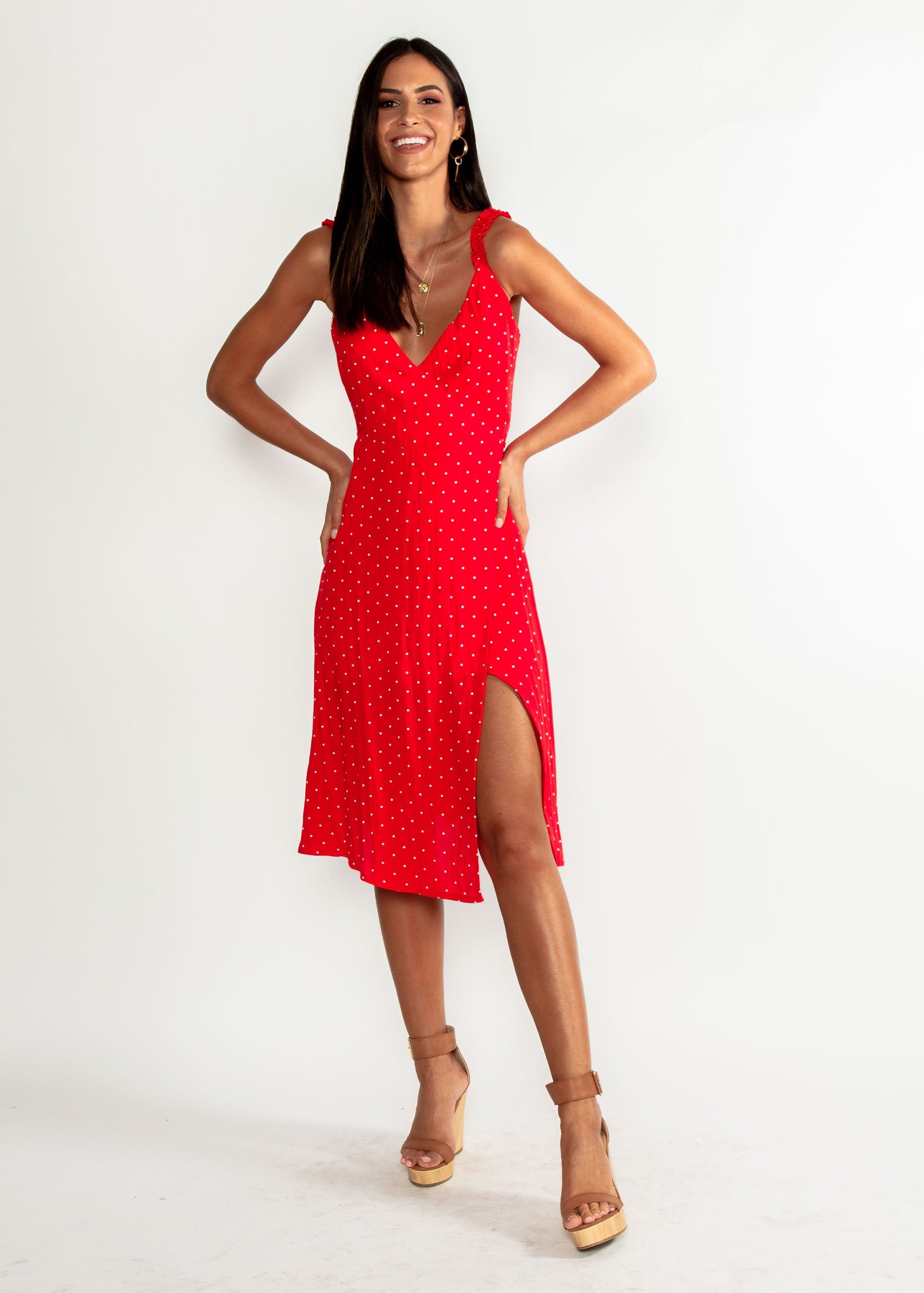 Hollie Wrap Midi Dress - Red Polka