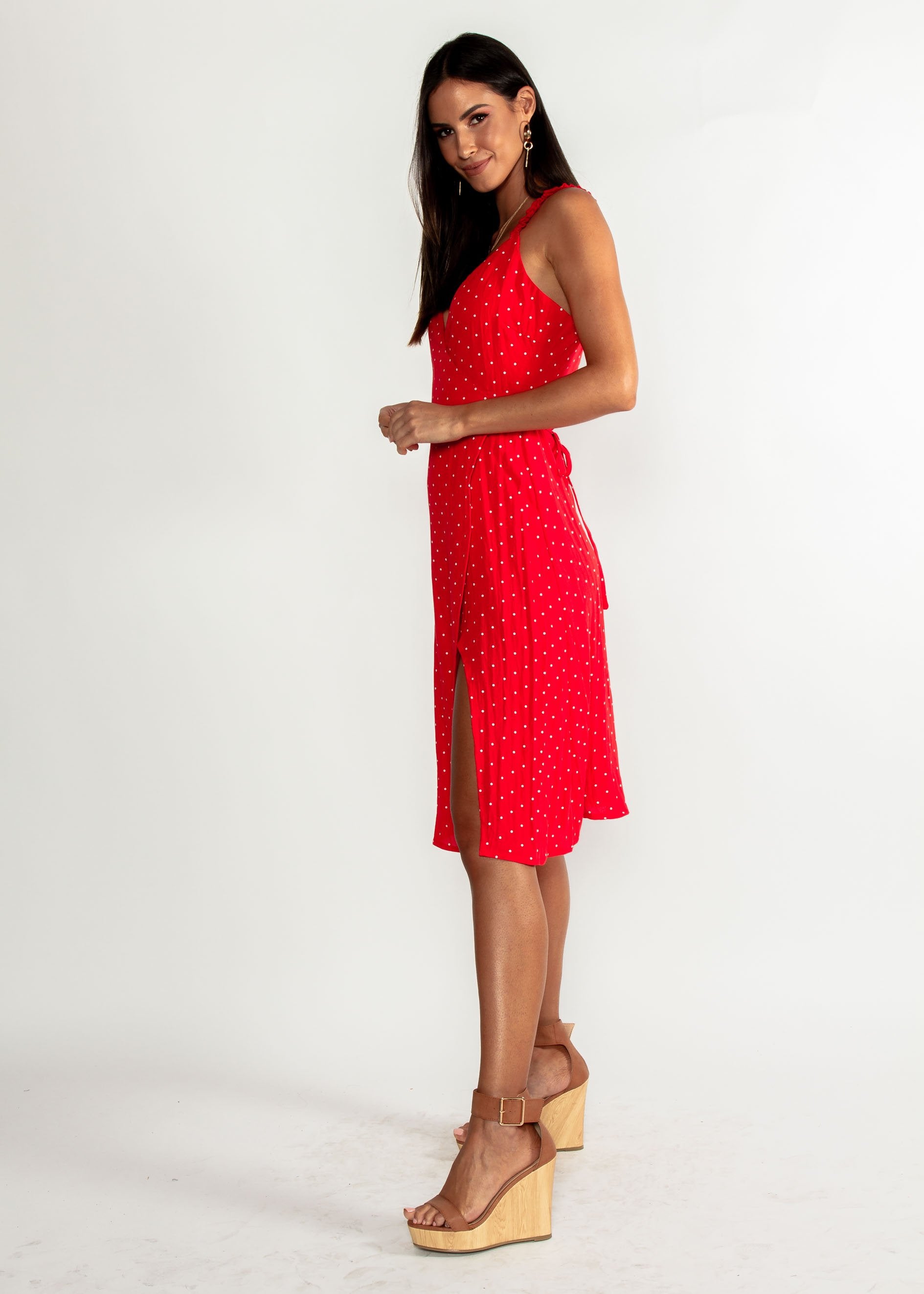 Hollie Wrap Midi Dress - Red Polka