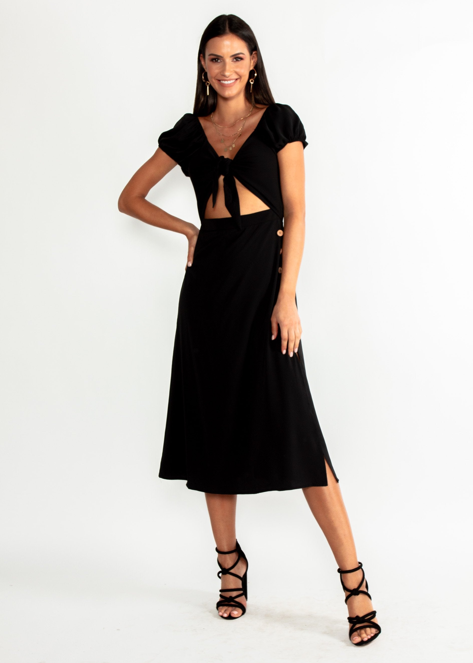Free Fall Tie Midi Dress - Black