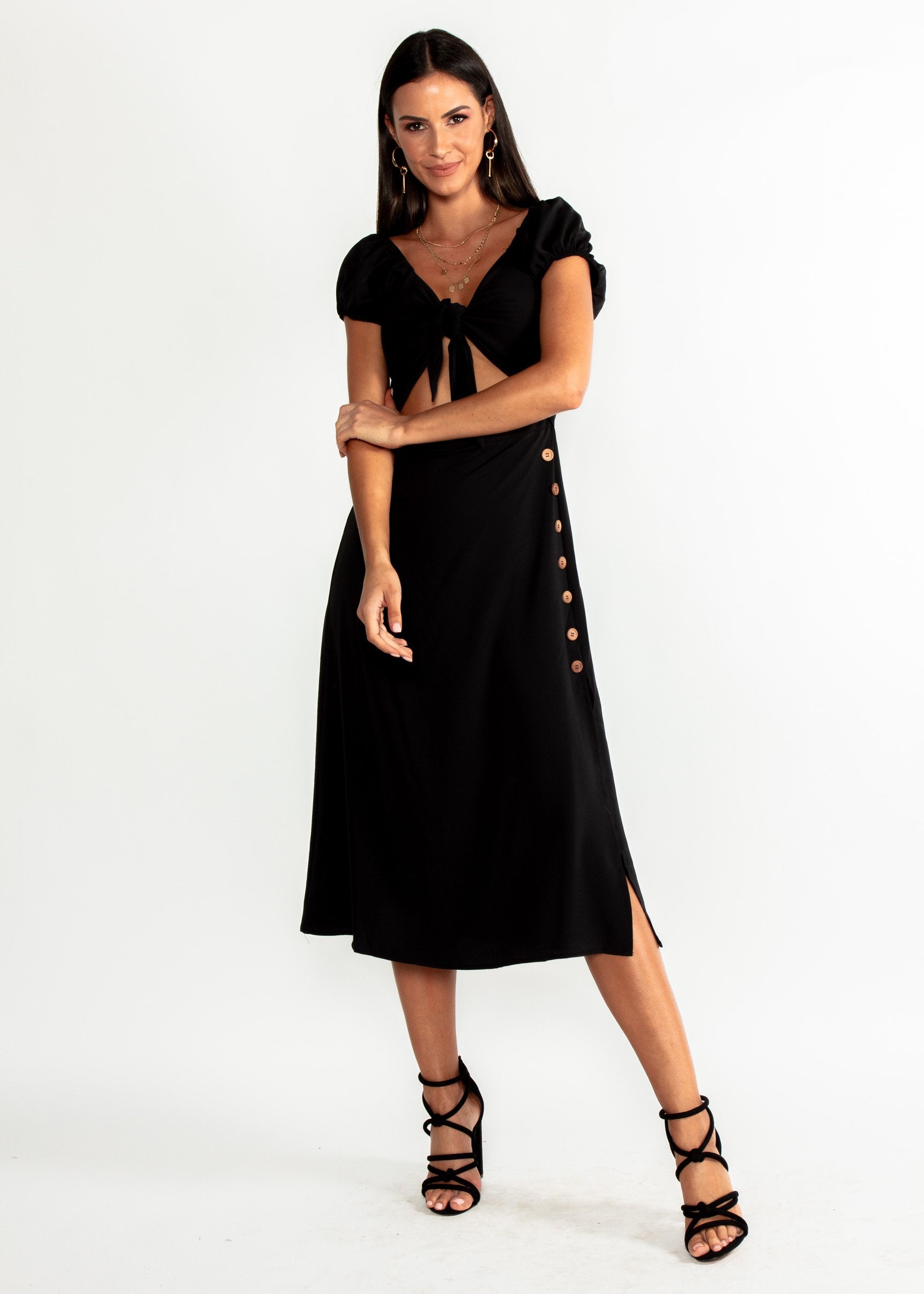 Free Fall Tie Midi Dress - Black
